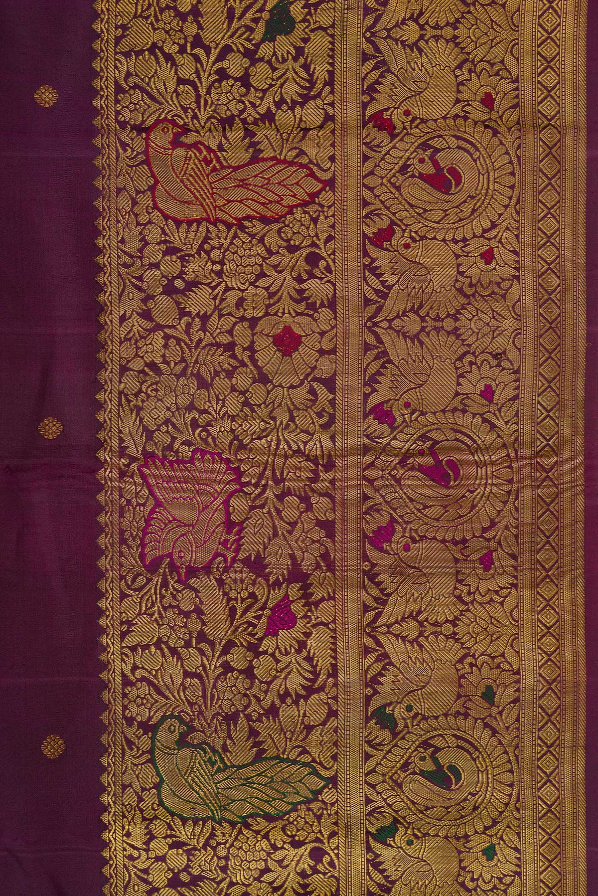 Border image of Burgundy Dual Tone Kanchipuram Silk Saree with Zari Butta on the body and Fancy Border. 