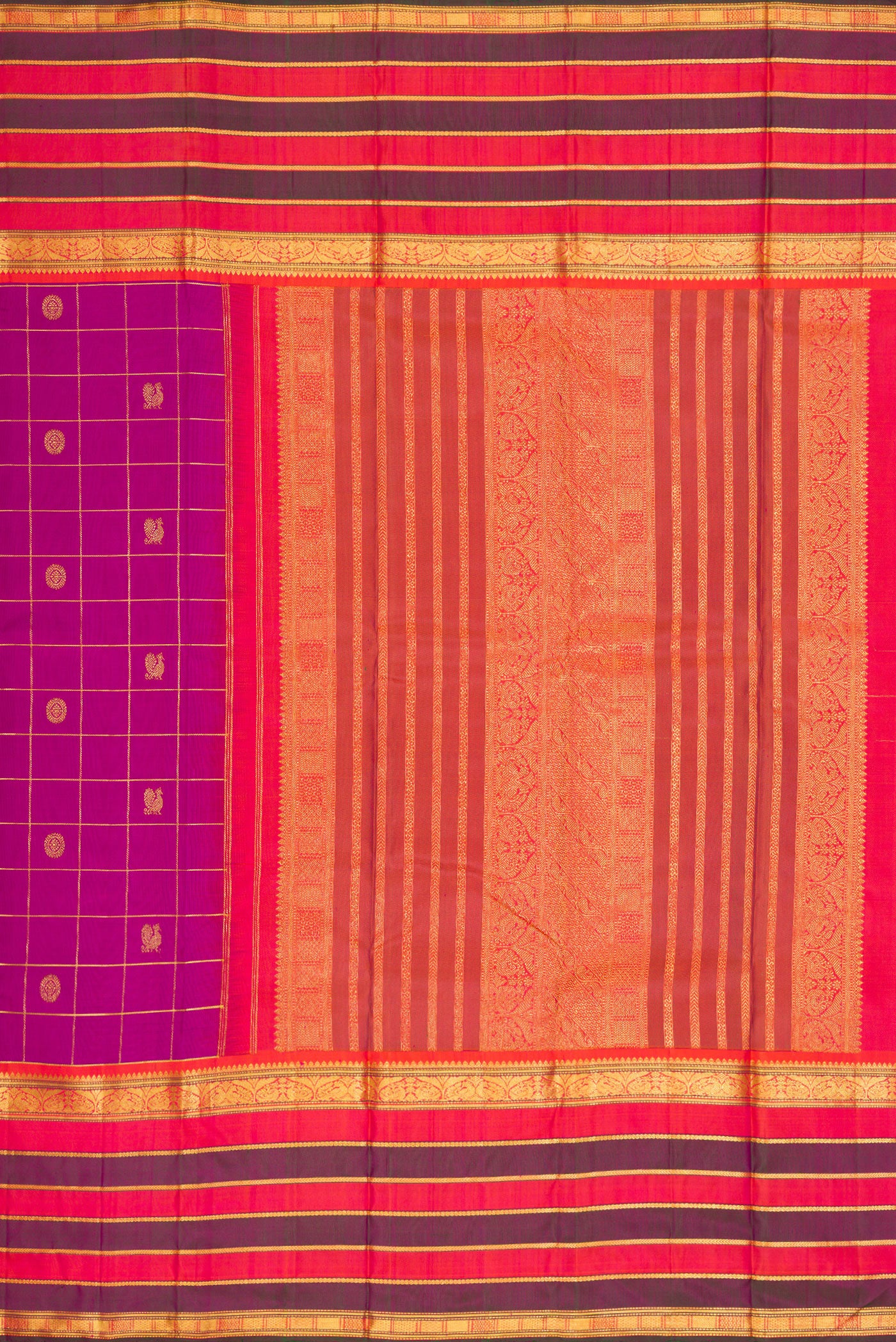 Close up image of the pallu of Pure Silk Pure Zari Purple Dual Tone Kanjivaram Saree with Checked design on the body and Zari Border. 