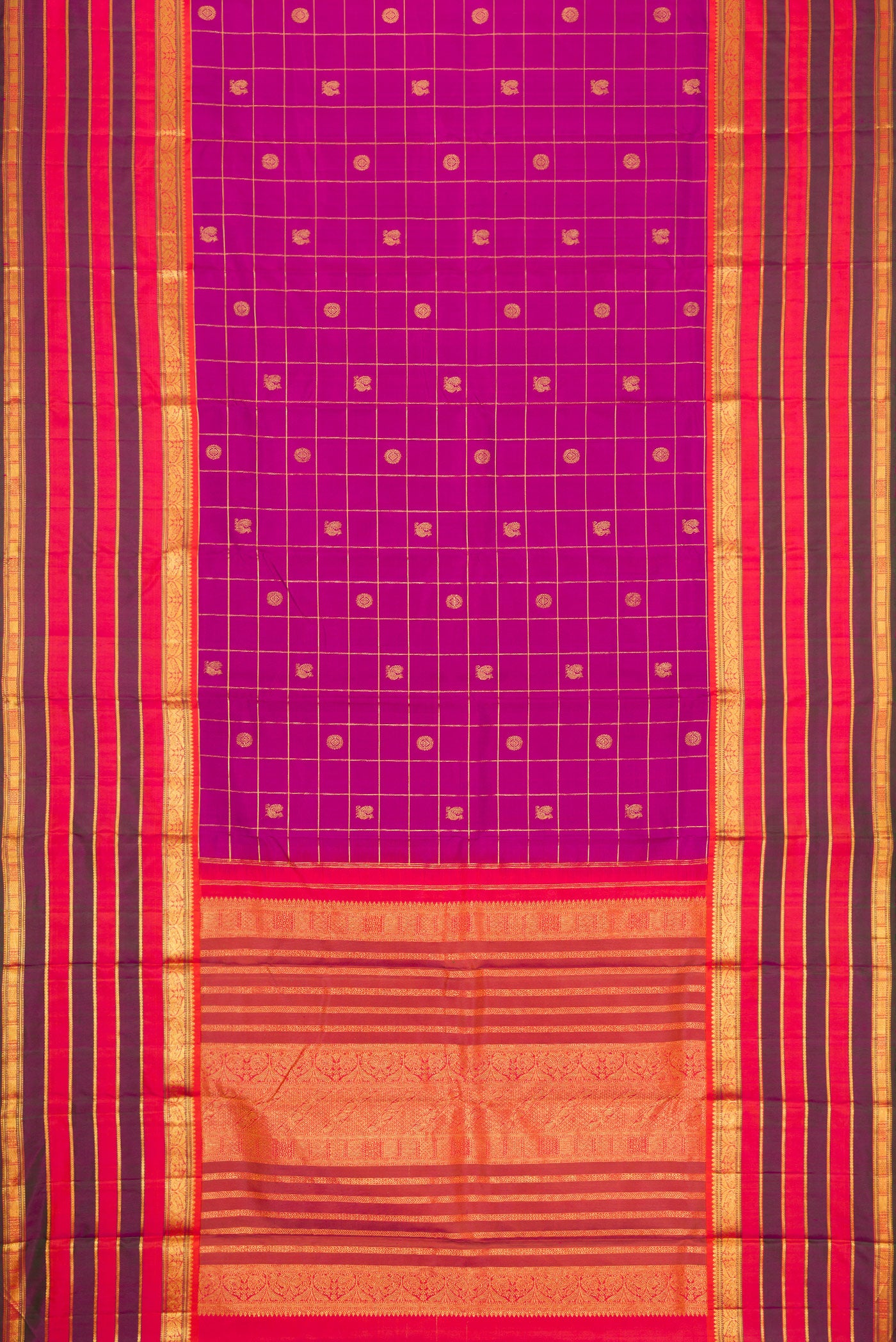 Flat view of Pure Silk Pure Zari Purple Dual Tone Kanjivaram Saree with Checked design on the body and Zari Border. 
