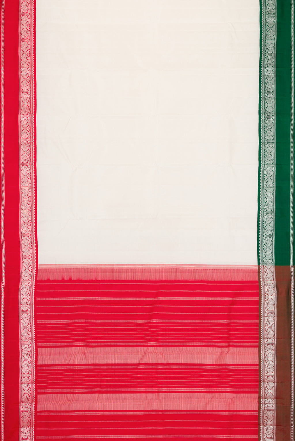 Flat view of White Dual Tone Kanjivaram Silk Saree with Plain Body and Ganga Jamuna Border. 