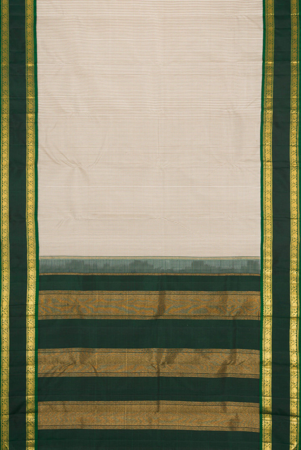 Flat view of Beige Dual Tone Kanjivaram Silk Saree with Checked design on the body and Zari Border. 