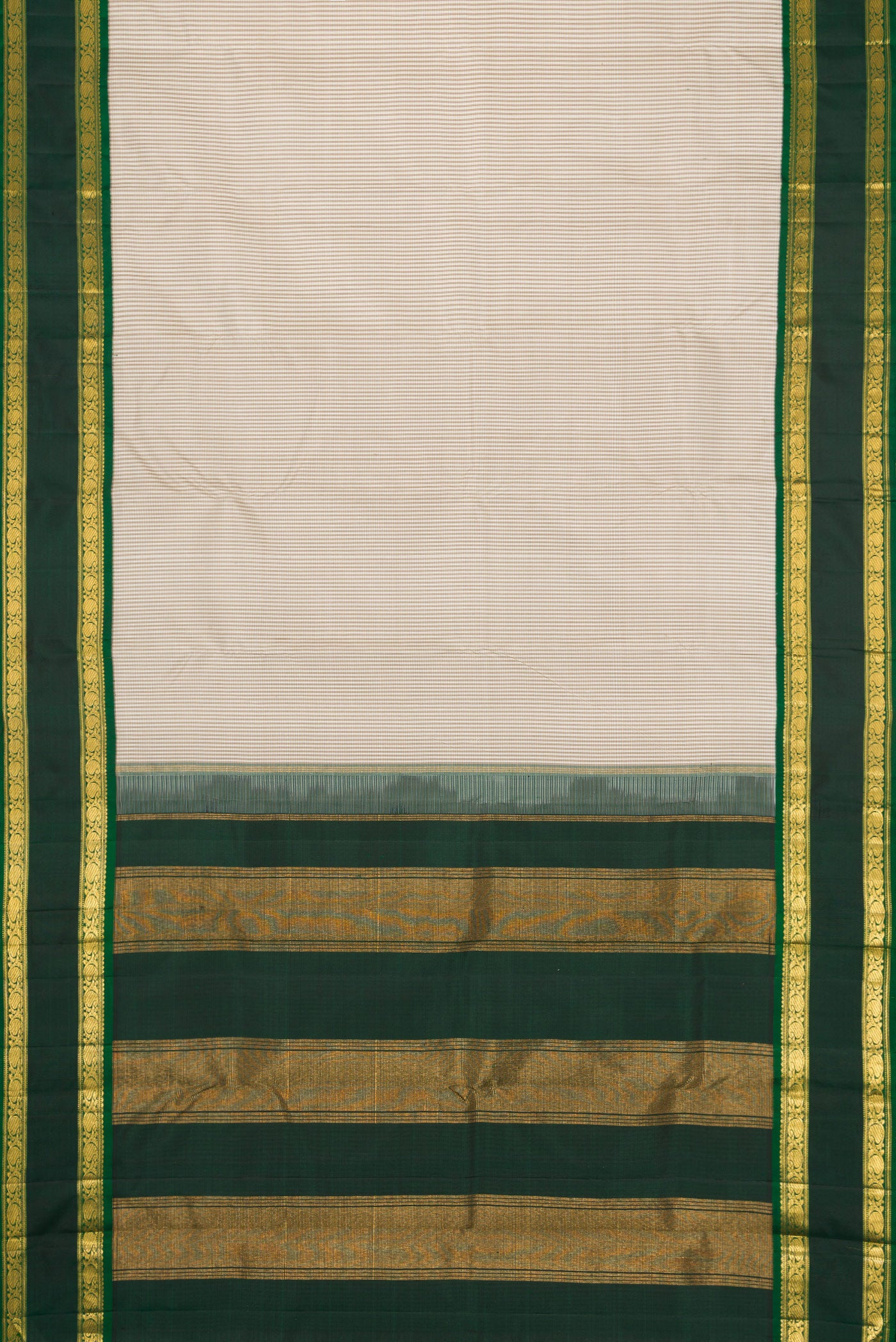 Flat view of Beige Dual Tone Kanjivaram Silk Saree with Checked design on the body and Zari Border. 