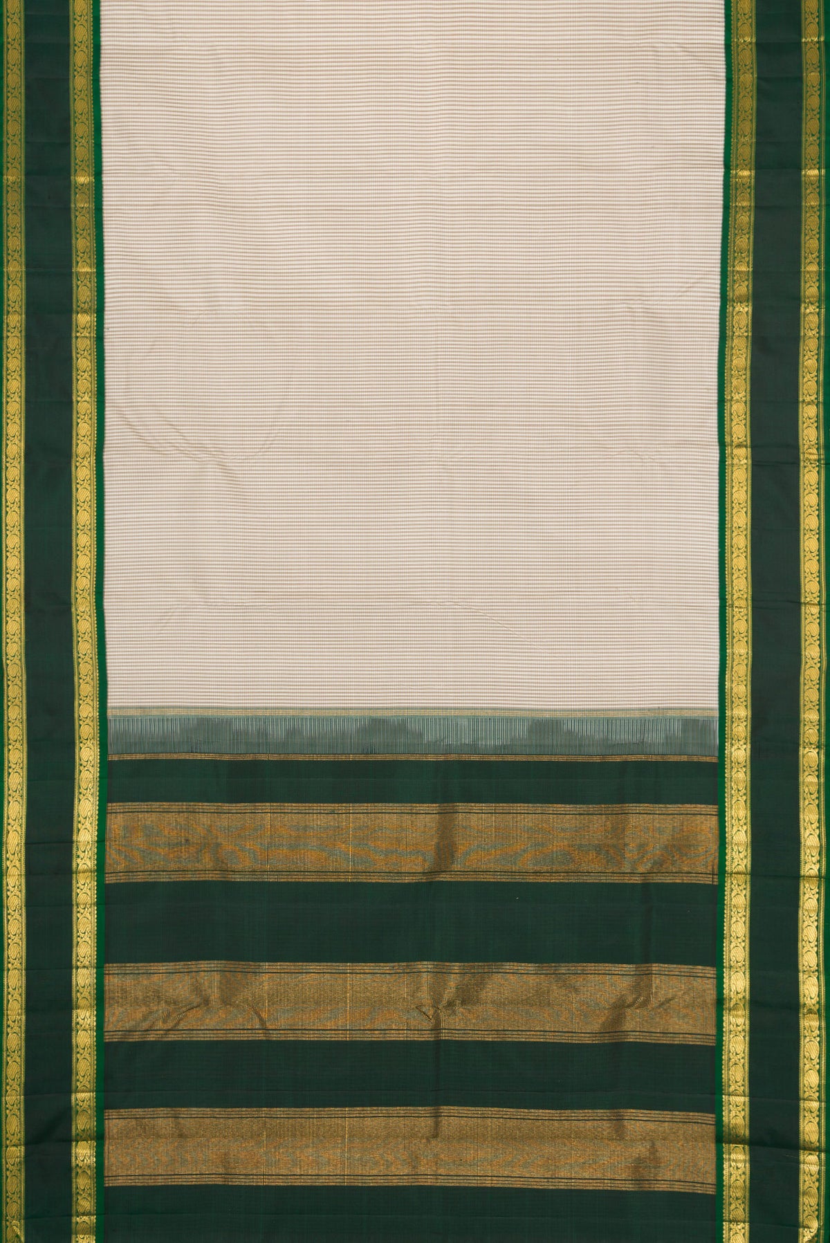Flat view of Beige Dual Tone Kanjivaram Silk Saree with Checked design on the body and Zari Border. 