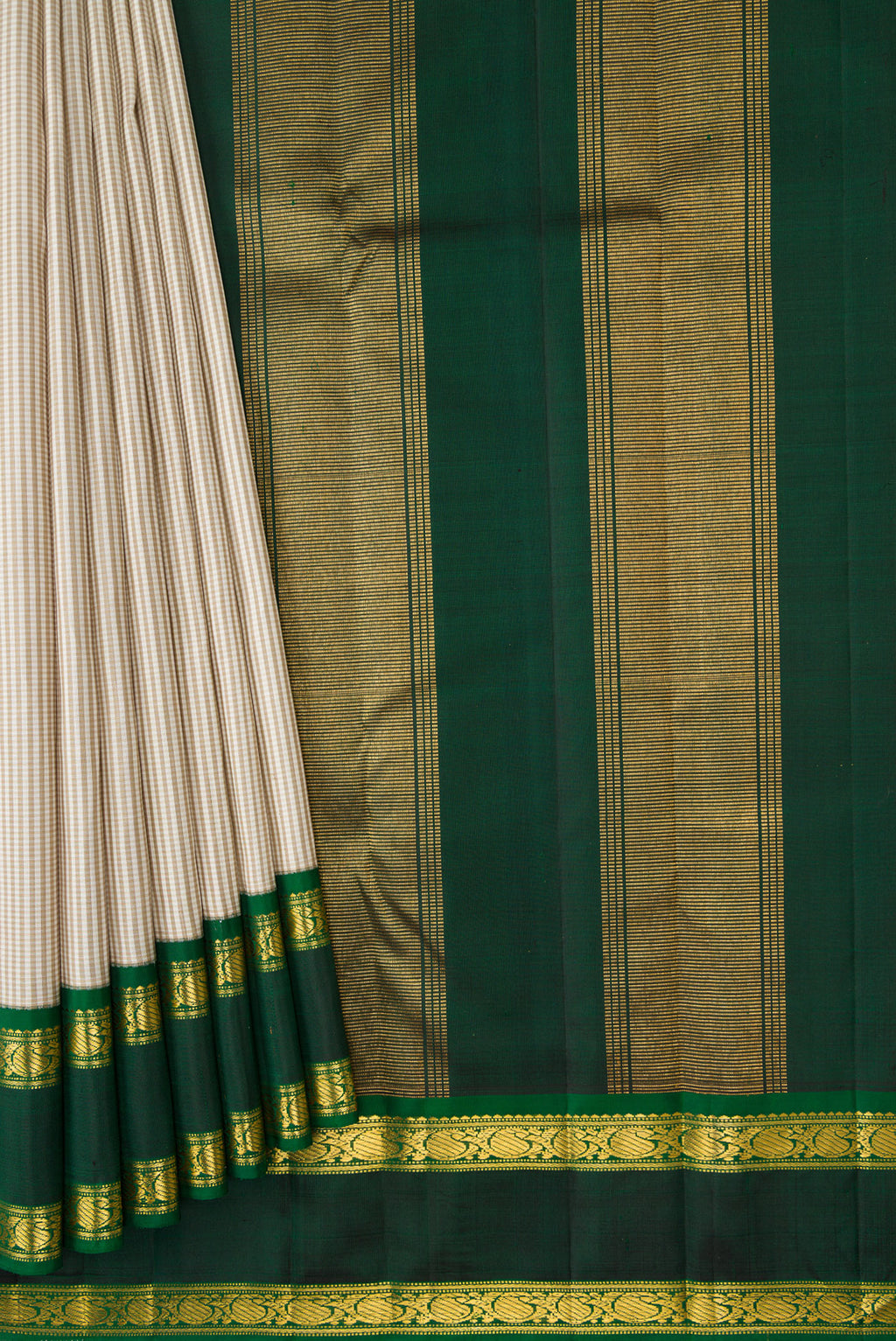 Pleats and pallu of Beige Dual Tone Kanjivaram Silk Saree with Checked design on the body and Zari Border. 