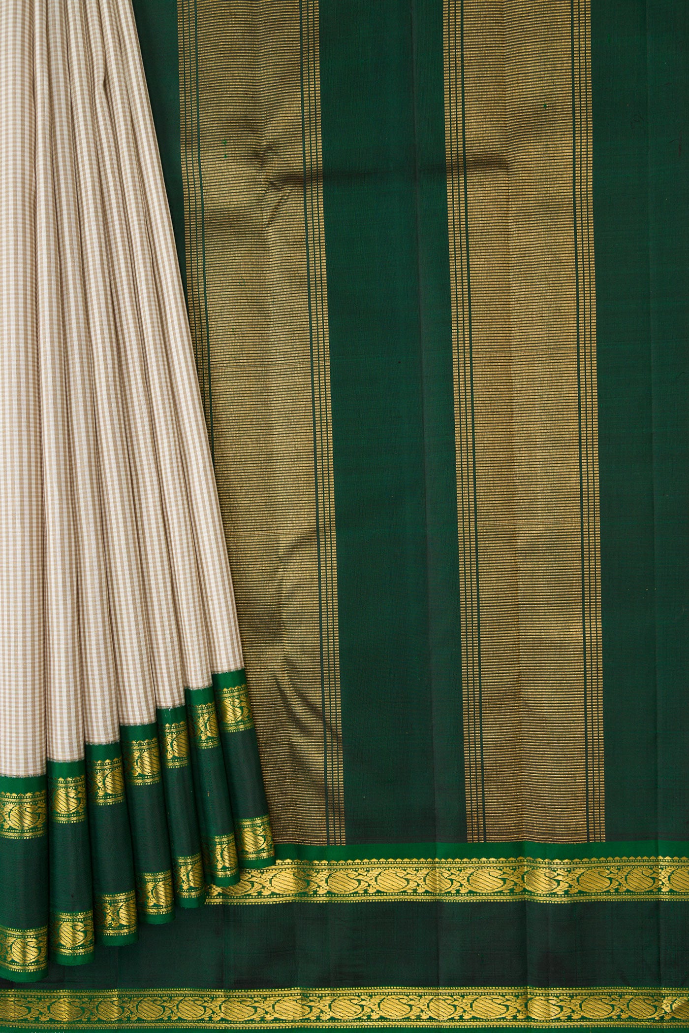 Pleats and pallu of Beige Dual Tone Kanjivaram Silk Saree with Checked design on the body and Zari Border. 