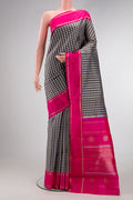 Pure Silk Pure Zari Grey Dual Tone Kanjivaram Saree with Checked design on the body and Zari Border.  displayed on a mannequin