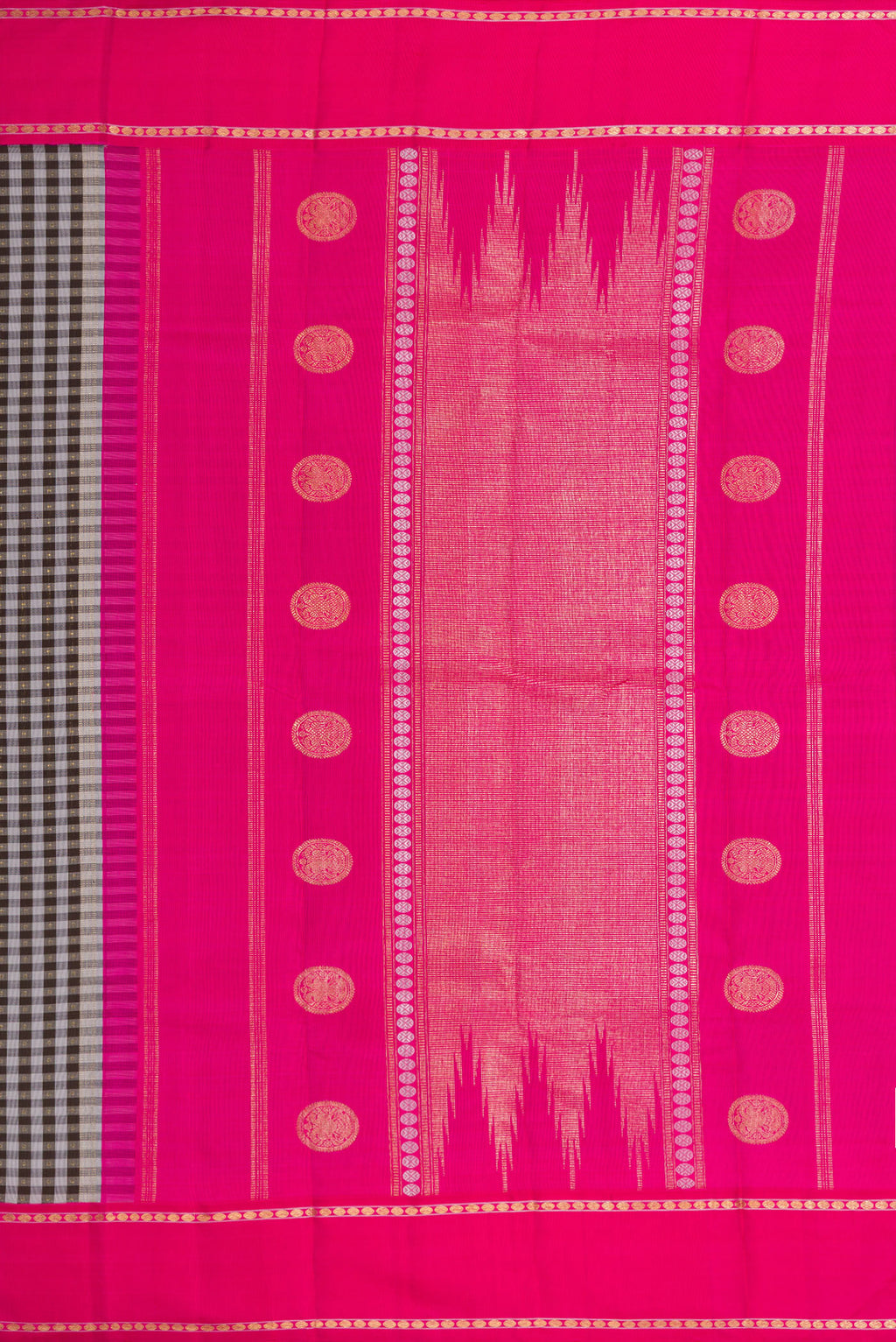 Close up image of the pallu of Pure Silk Pure Zari Grey Dual Tone Kanjivaram Saree with Checked design on the body and Zari Border. 