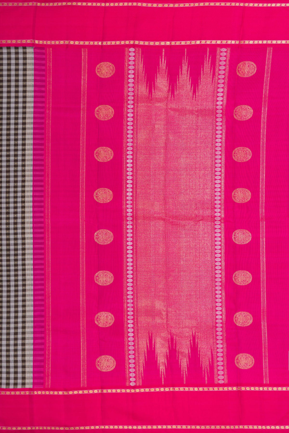 Close up image of the pallu of Pure Silk Pure Zari Grey Dual Tone Kanjivaram Saree with Checked design on the body and Zari Border. 