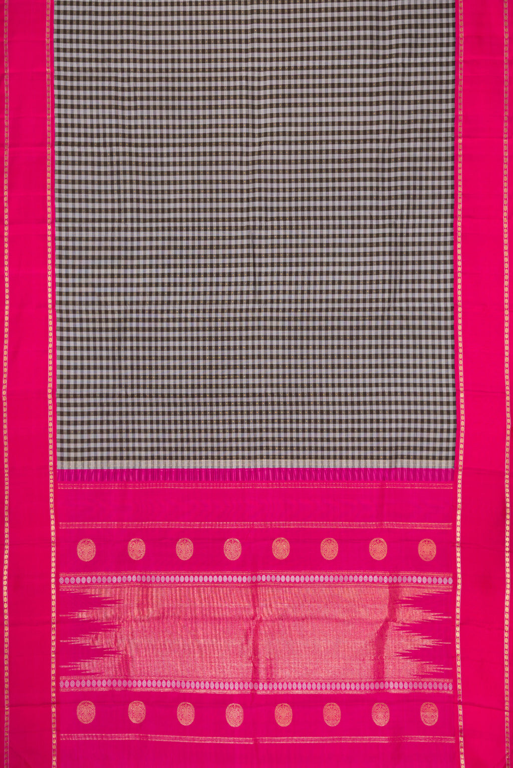Flat view of Pure Silk Pure Zari Grey Dual Tone Kanjivaram Saree with Checked design on the body and Zari Border. 