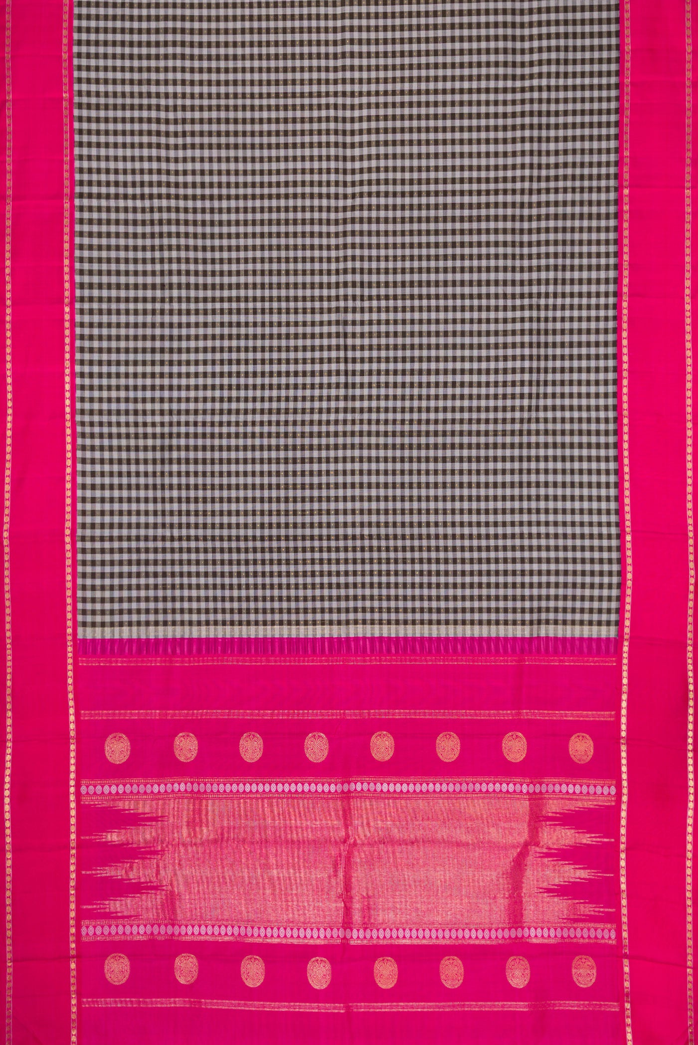 Flat view of Pure Silk Pure Zari Grey Dual Tone Kanjivaram Saree with Checked design on the body and Zari Border. 