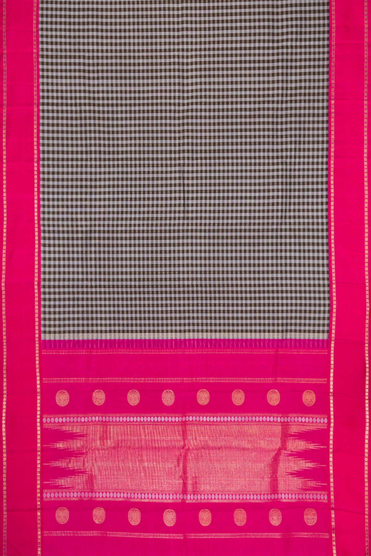 Flat view of Pure Silk Pure Zari Grey Dual Tone Kanjivaram Saree with Checked design on the body and Zari Border. 