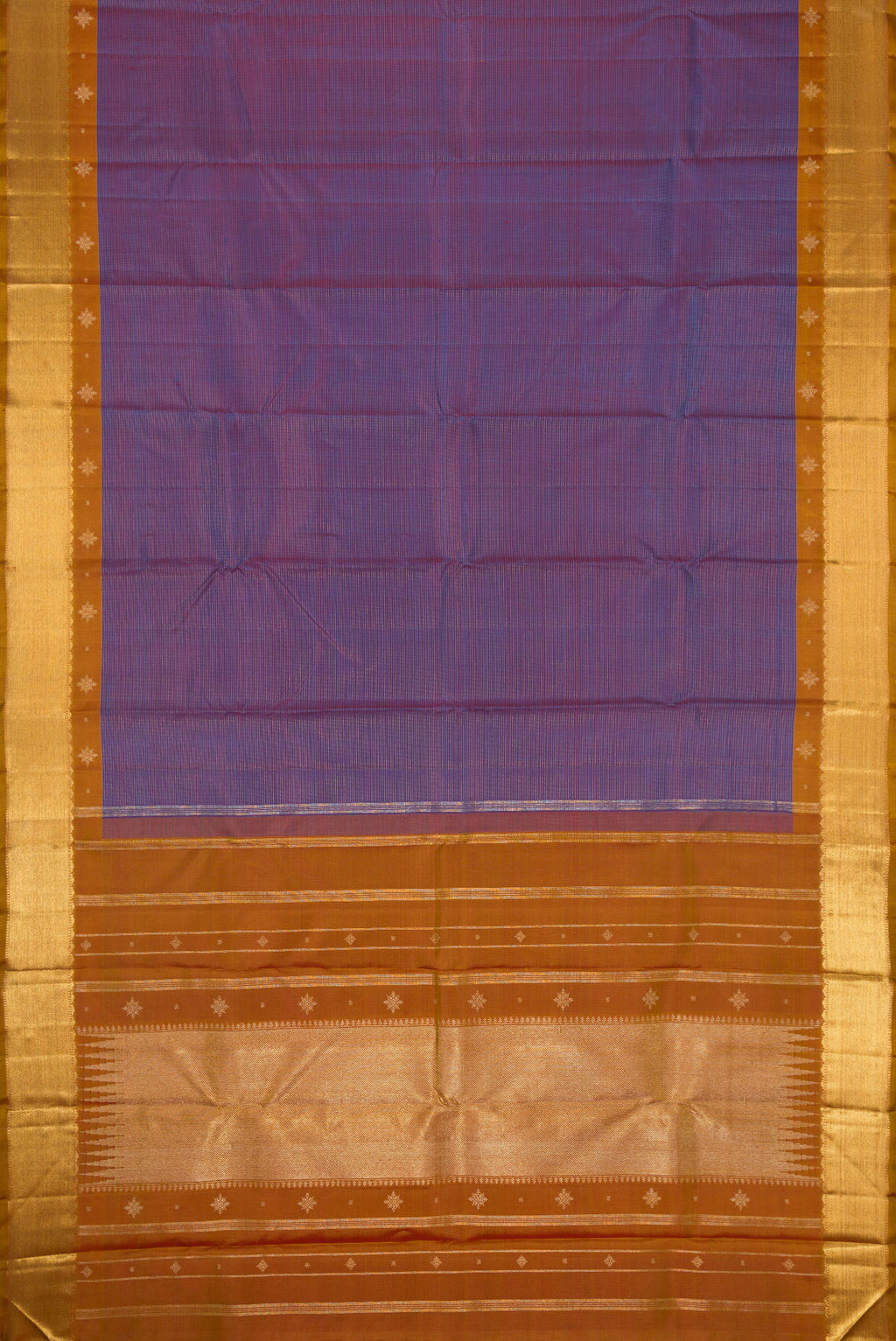 Flat view of Pure Silk Pure Zari Purple Dual Tone Kanjivaram Saree with Stripes on the body and Zari Border. 