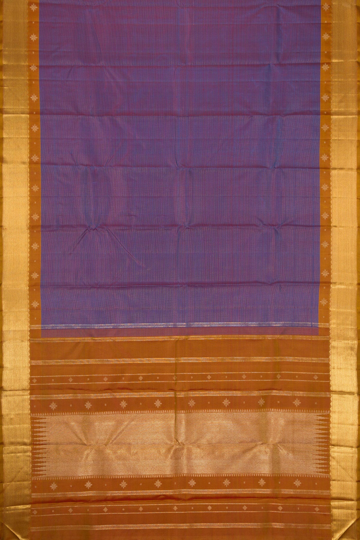 Flat view of Pure Silk Pure Zari Purple Dual Tone Kanjivaram Saree with Stripes on the body and Zari Border. 