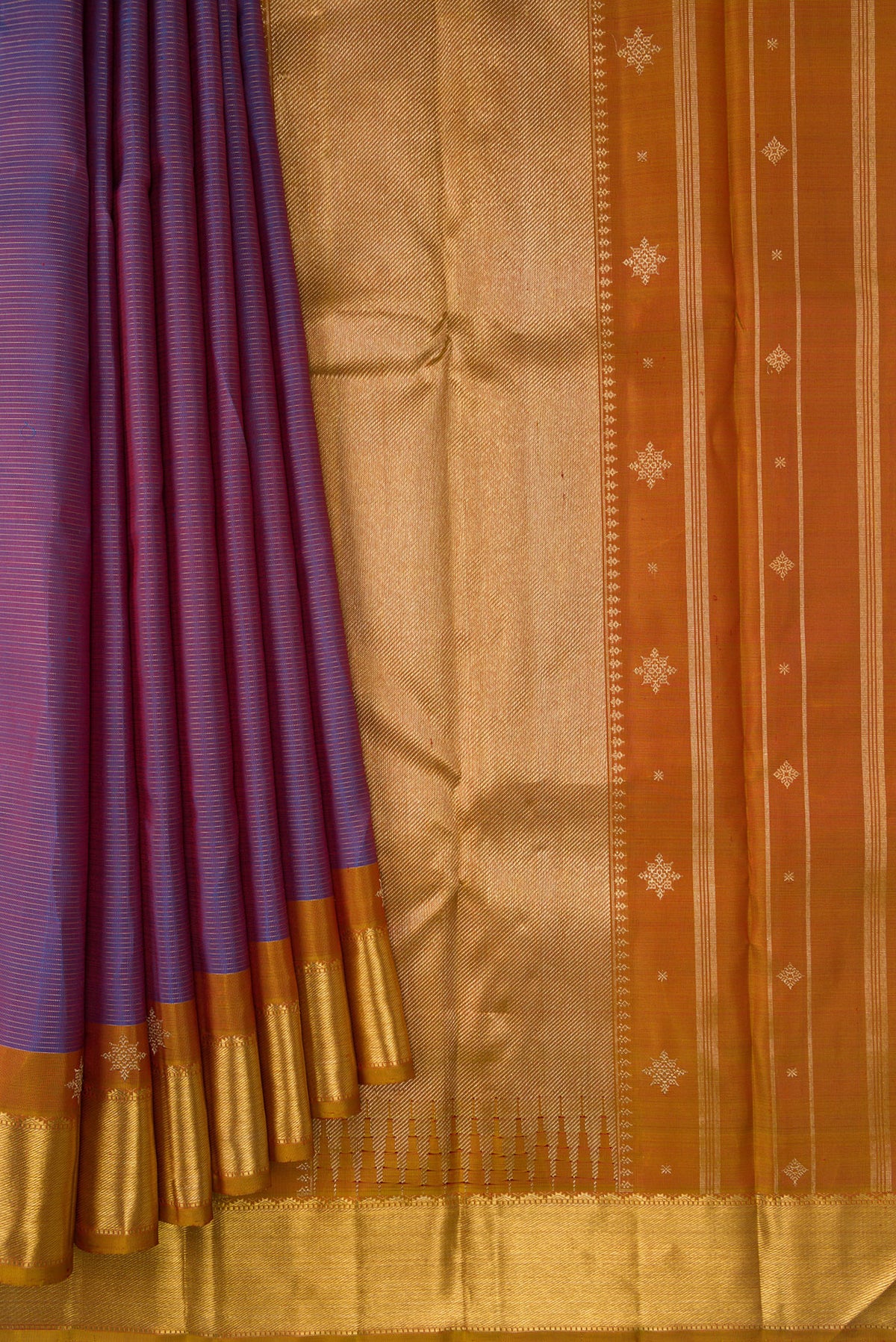 Pleats and pallu of Pure Silk Pure Zari Purple Dual Tone Kanjivaram Saree with Stripes on the body and Zari Border. 