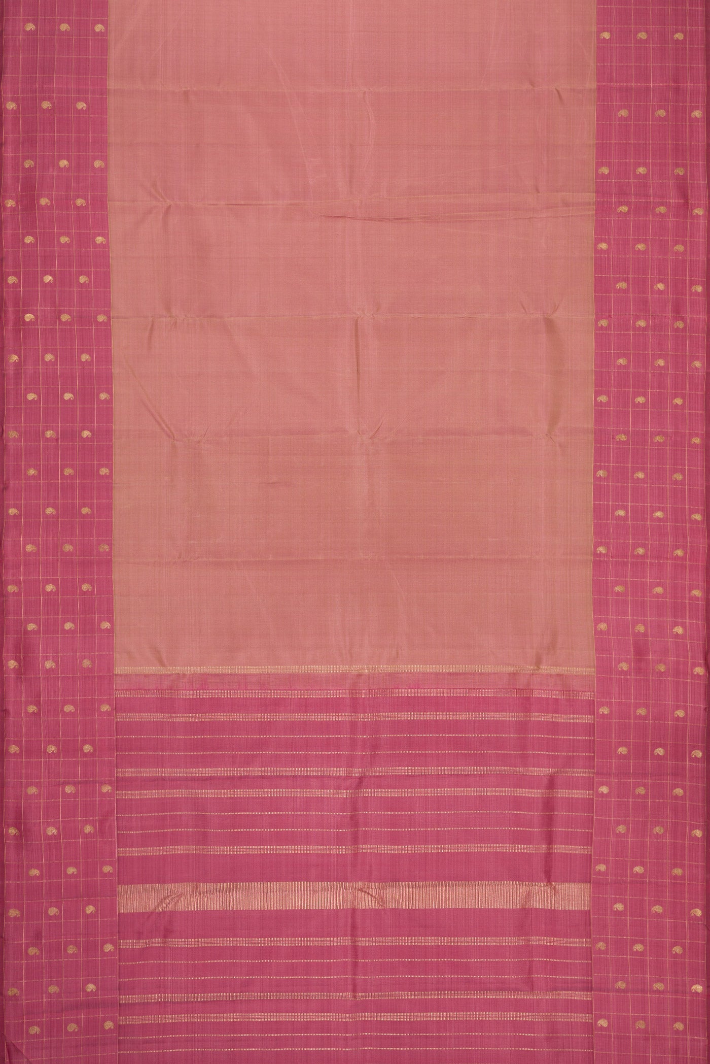 Flat view of Pure Silk Pure Zari Rose Gold Dual Tone Kanchipuram Saree with Zari Butta on the body and Zari Border. 