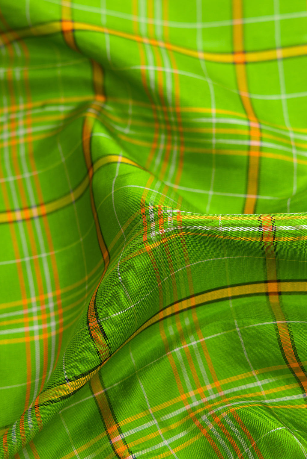 Close up of Pure Silk Pure Zari Parrot Green Dual Tone Kanjivaram Saree with Checked design on the body and Zari Border.  displaying folds