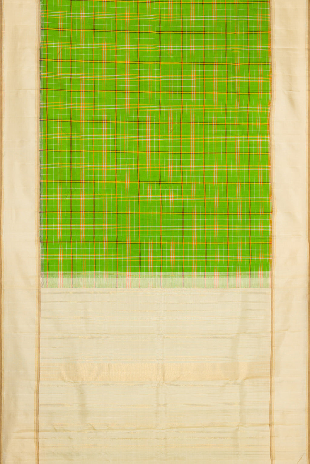 Flat view of Pure Silk Pure Zari Parrot Green Dual Tone Kanjivaram Saree with Checked design on the body and Zari Border. 