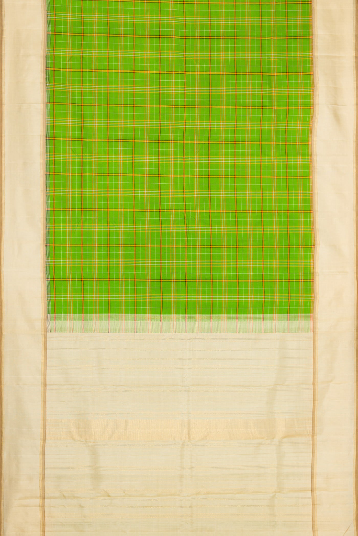 Flat view of Pure Silk Pure Zari Parrot Green Dual Tone Kanjivaram Saree with Checked design on the body and Zari Border. 