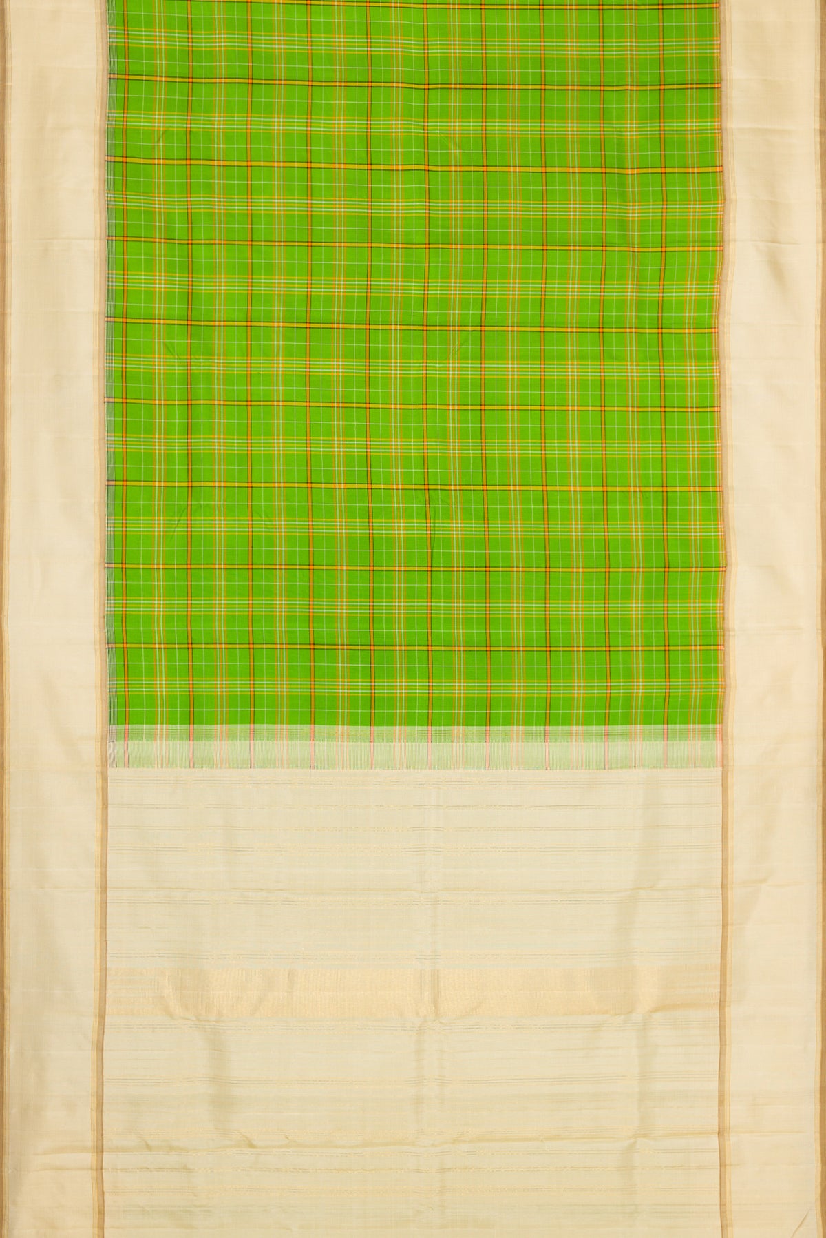 Flat view of Pure Silk Pure Zari Parrot Green Dual Tone Kanjivaram Saree with Checked design on the body and Zari Border. 