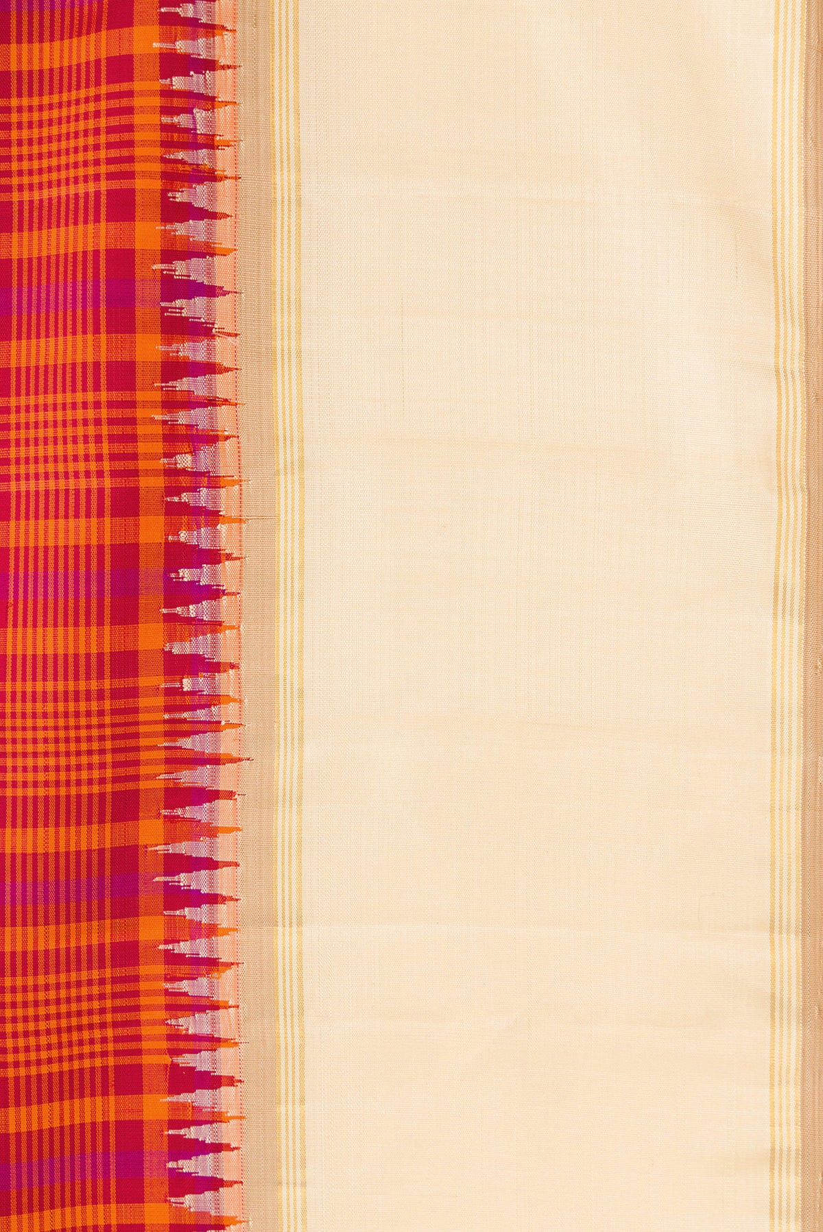 Border image of Pure Silk Pure Zari Orange Dual Tone Kanjivaram Saree with Checked design on the body and Zari Border. 