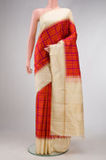 Pure Silk Pure Zari Orange Dual Tone Kanjivaram Saree with Checked design on the body and Zari Border.  displayed on a mannequin