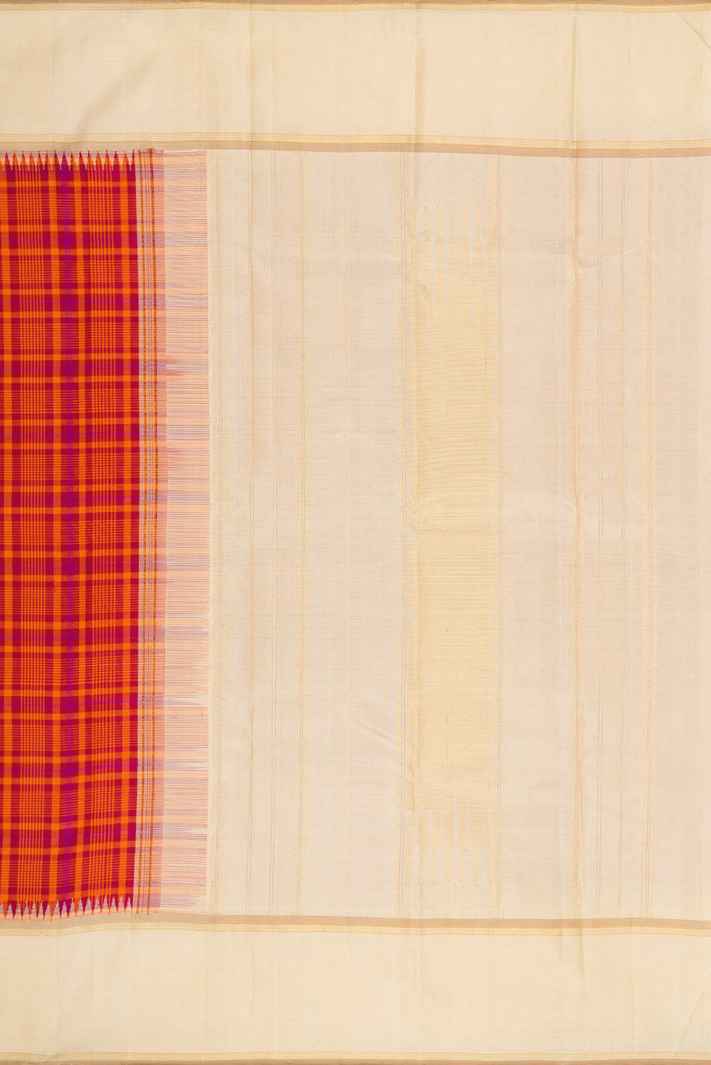 Close up image of the pallu of Pure Silk Pure Zari Orange Dual Tone Kanjivaram Saree with Checked design on the body and Zari Border. 