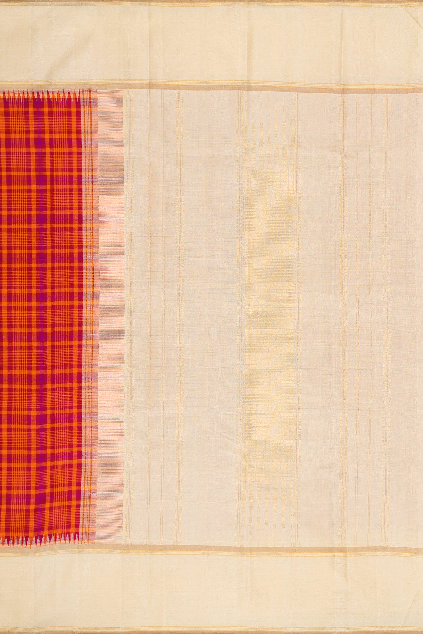Close up image of the pallu of Pure Silk Pure Zari Orange Dual Tone Kanjivaram Saree with Checked design on the body and Zari Border. 