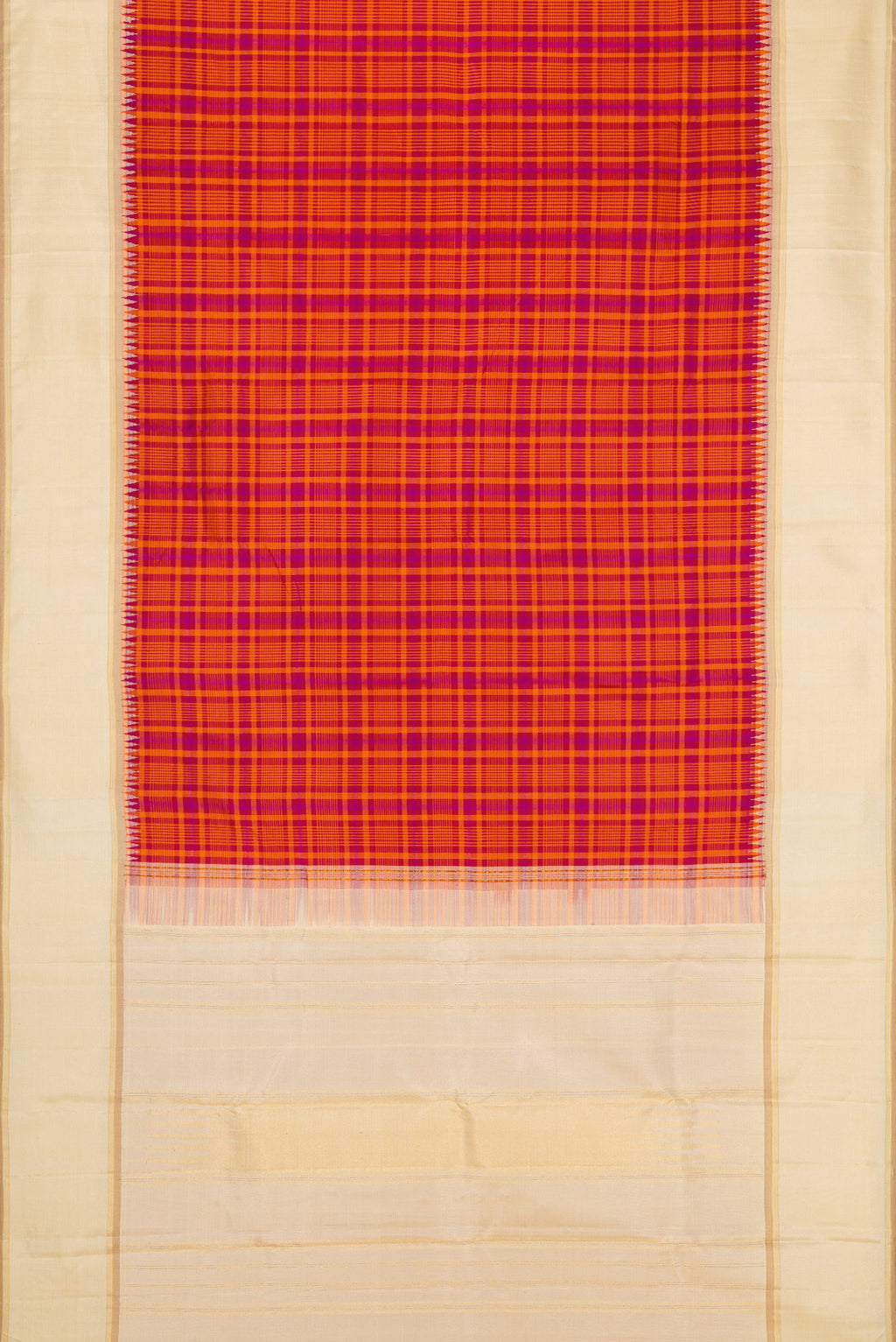 Flat view of Pure Silk Pure Zari Orange Dual Tone Kanjivaram Saree with Checked design on the body and Zari Border. 