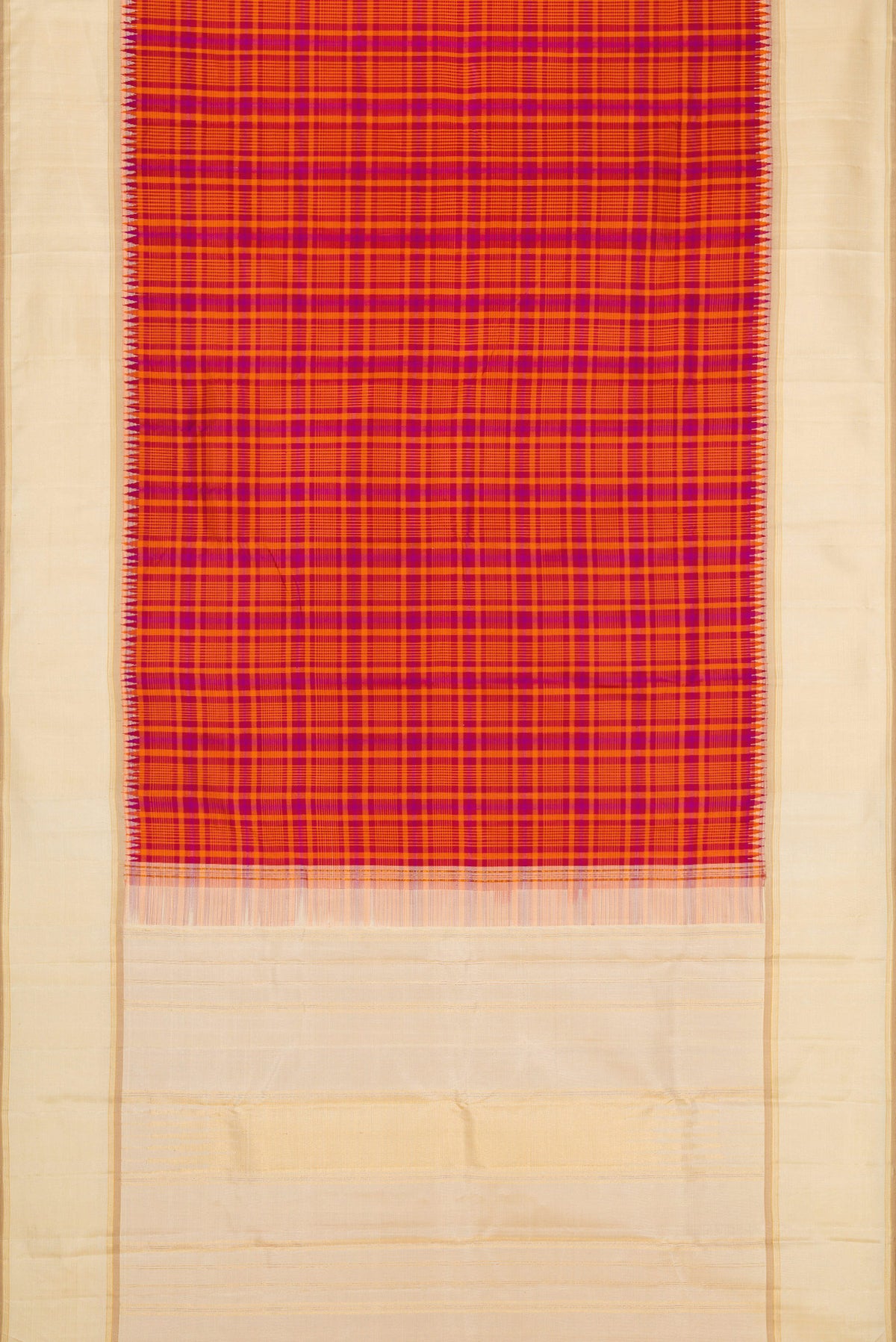 Flat view of Pure Silk Pure Zari Orange Dual Tone Kanjivaram Saree with Checked design on the body and Zari Border. 