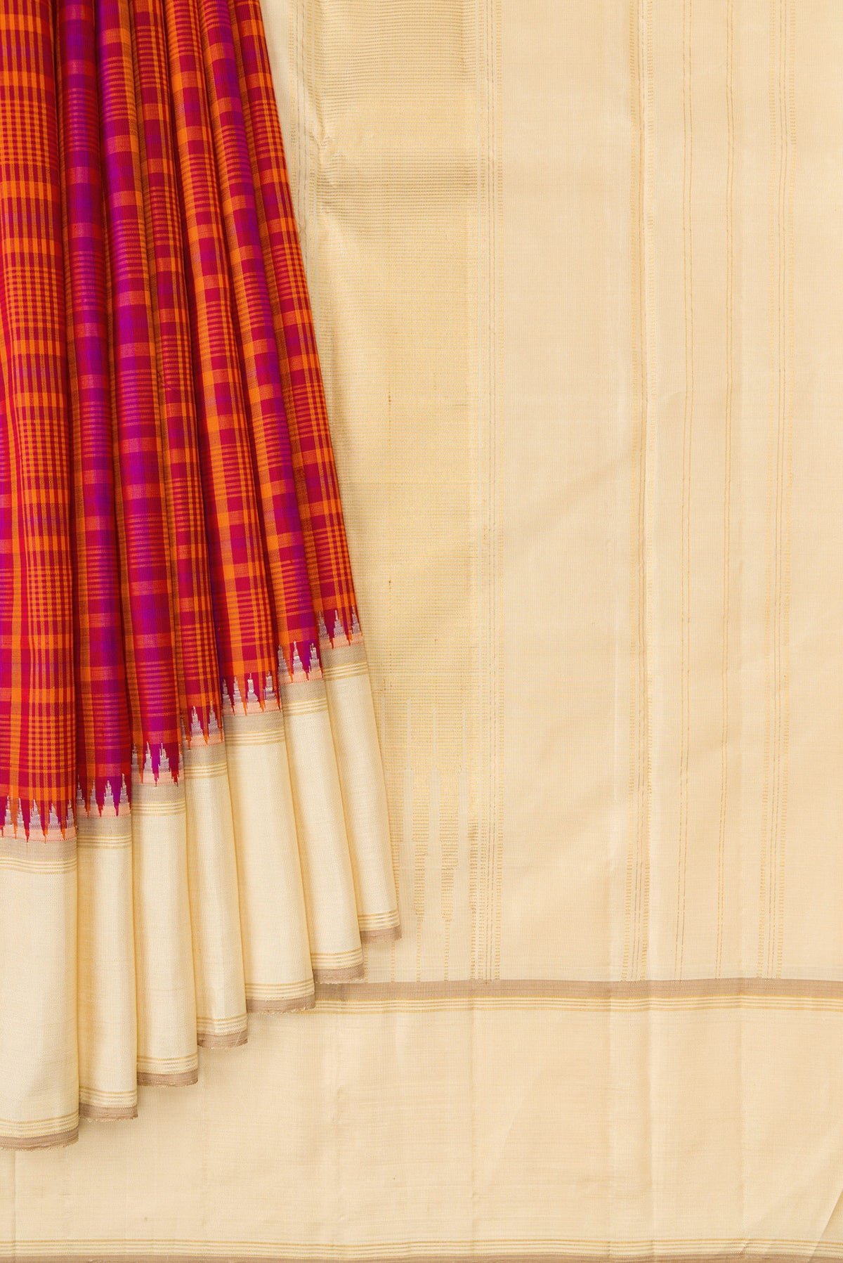 Pleats and pallu of Pure Silk Pure Zari Orange Dual Tone Kanjivaram Saree with Checked design on the body and Zari Border. 