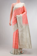 Peach Dual Tone Kanjivaram Silk Saree with Stripes on the body and Zari Border.  displayed on a mannequin