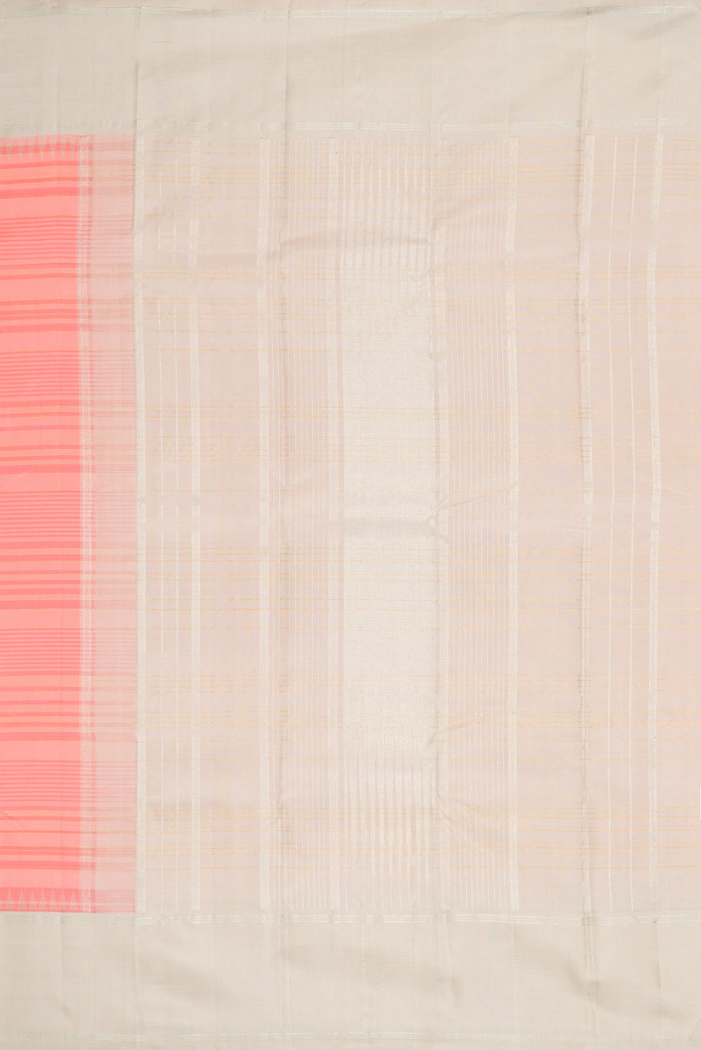 Close up image of the pallu of Peach Dual Tone Kanjivaram Silk Saree with Stripes on the body and Zari Border. 