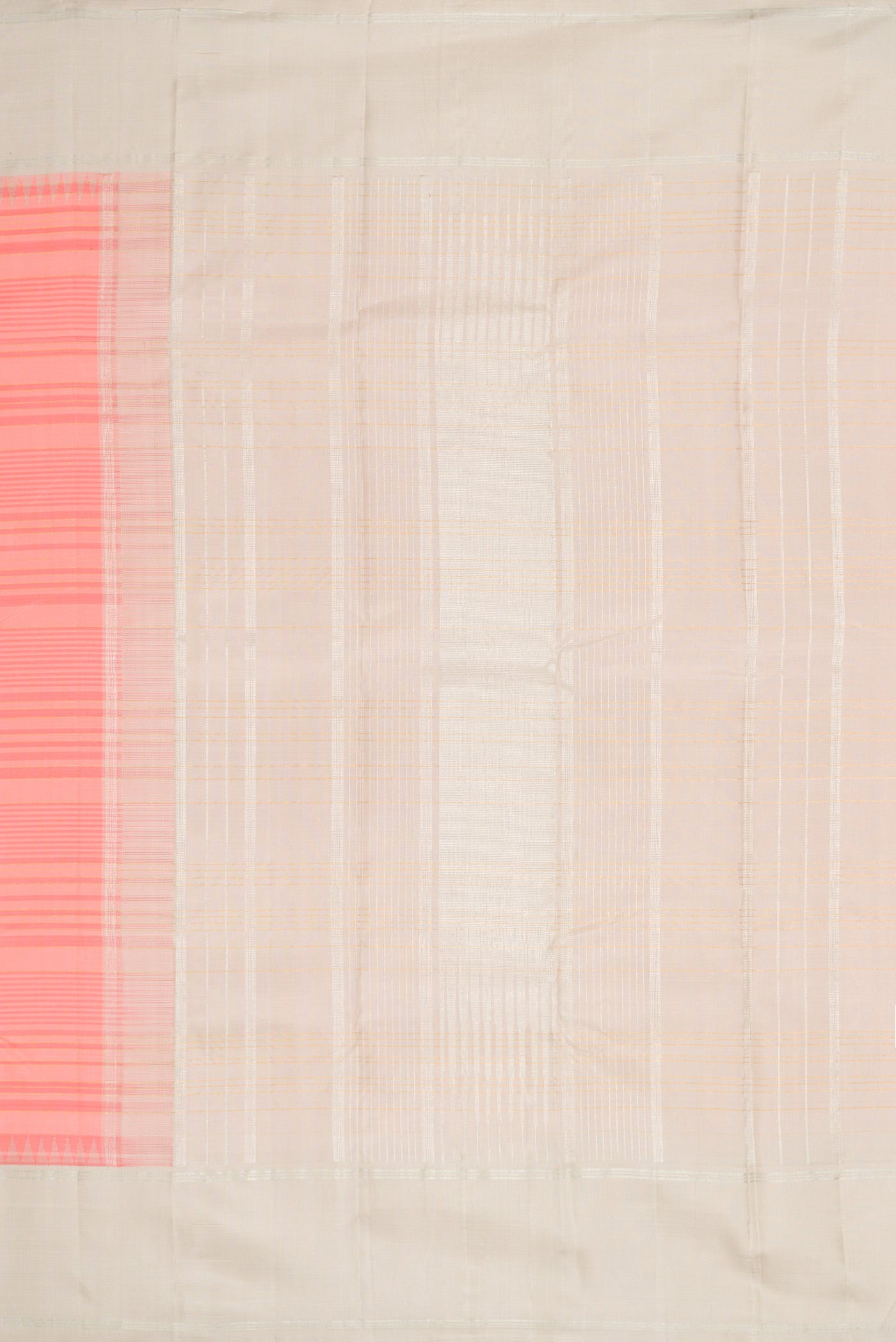 Close up image of the pallu of Peach Dual Tone Kanjivaram Silk Saree with Stripes on the body and Zari Border. 