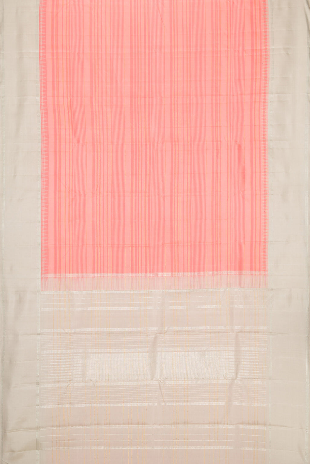 Flat view of Peach Dual Tone Kanjivaram Silk Saree with Stripes on the body and Zari Border. 