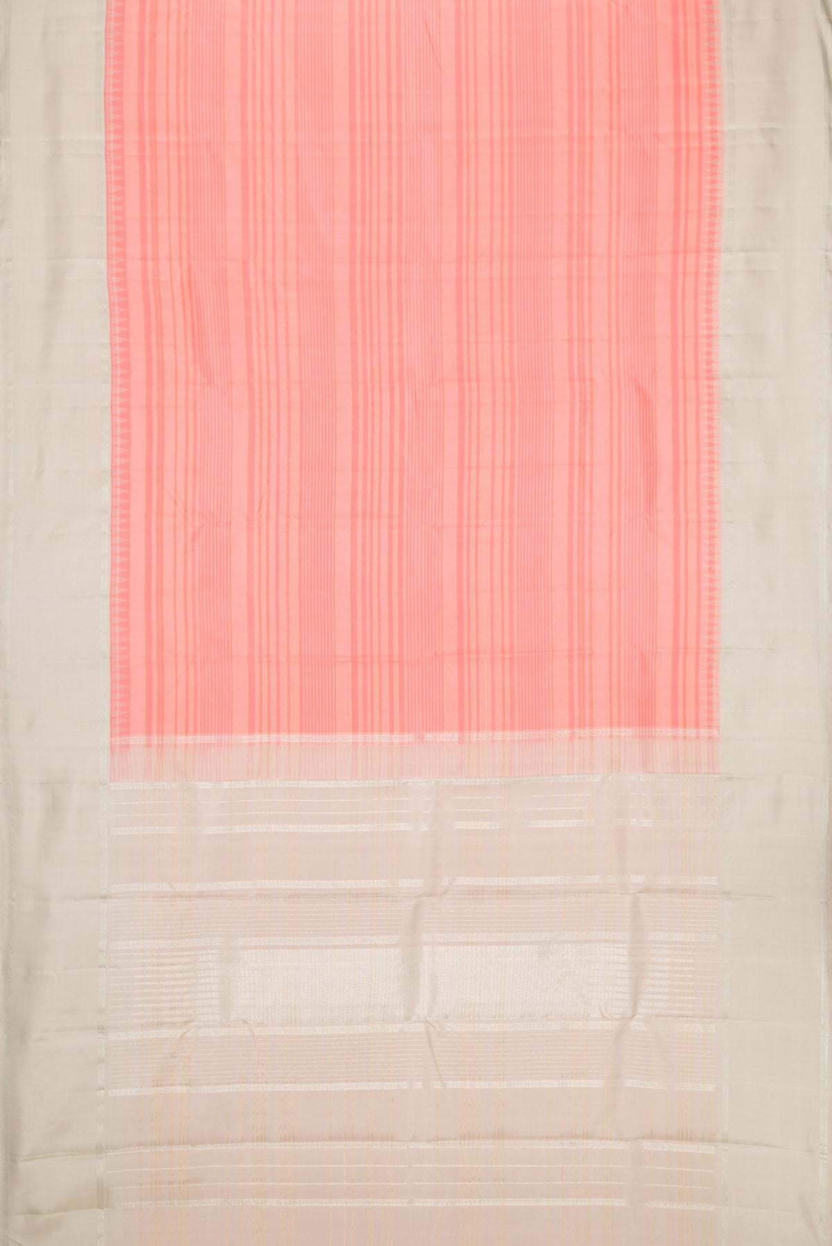 Flat view of Peach Dual Tone Kanjivaram Silk Saree with Stripes on the body and Zari Border. 