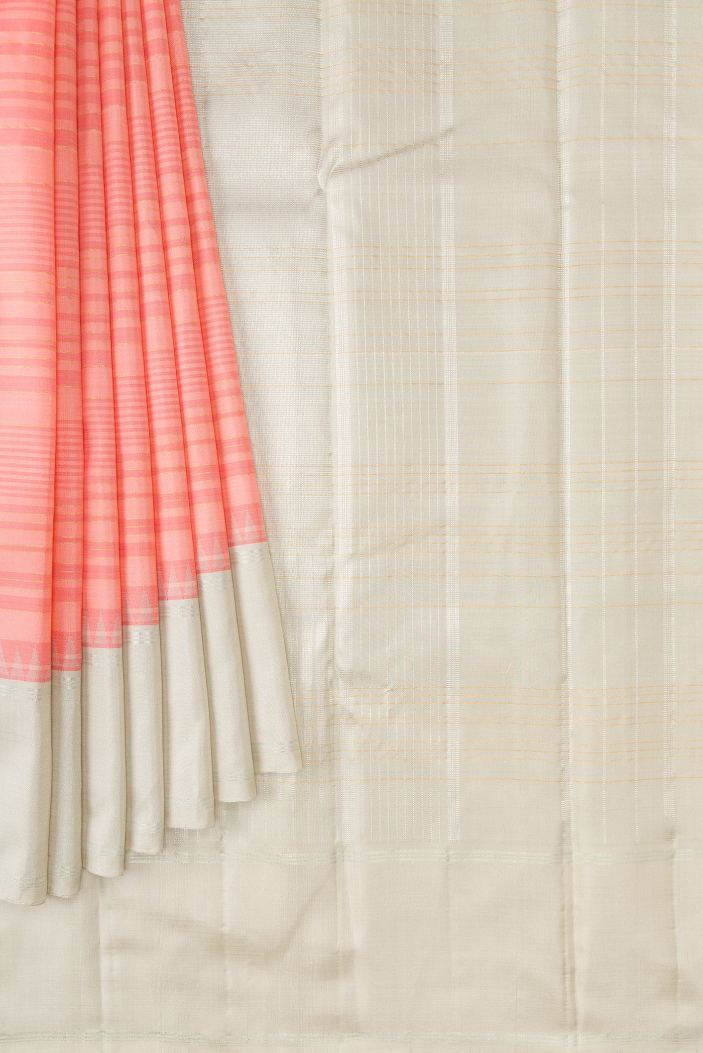 Pleats and pallu of Peach Dual Tone Kanjivaram Silk Saree with Stripes on the body and Zari Border. 