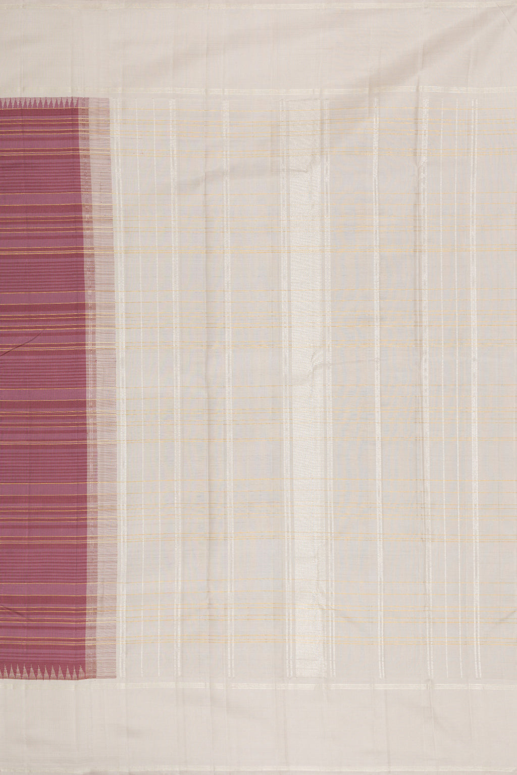 Close up image of the pallu of Purple Dual Tone Kanjivaram Silk Saree with Stripes on the body and Zari Border. 