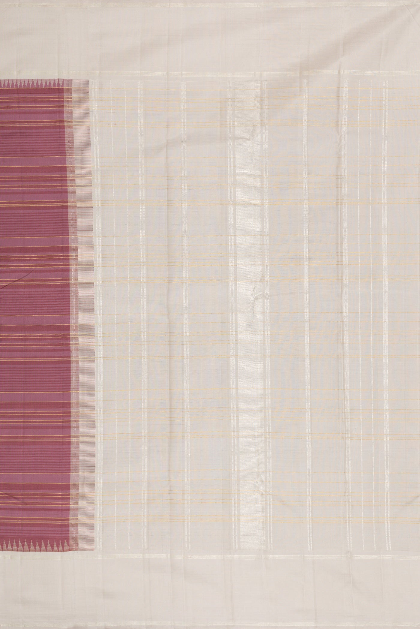 Close up image of the pallu of Purple Dual Tone Kanjivaram Silk Saree with Stripes on the body and Zari Border. 