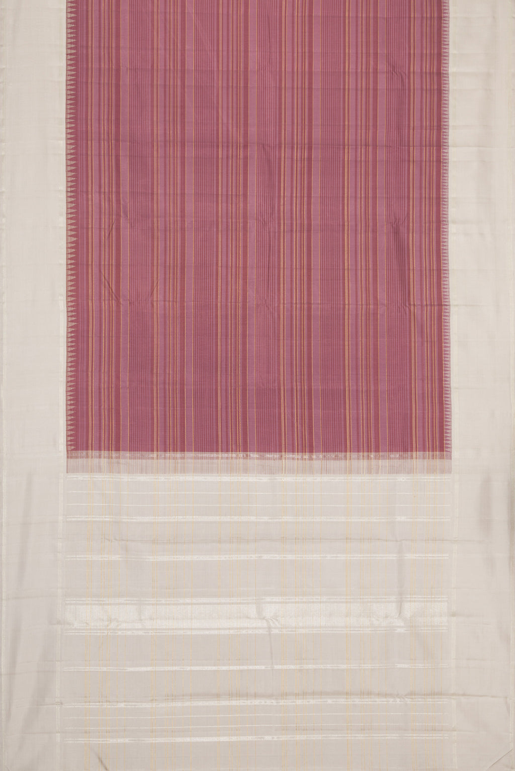 Flat view of Purple Dual Tone Kanjivaram Silk Saree with Stripes on the body and Zari Border. 