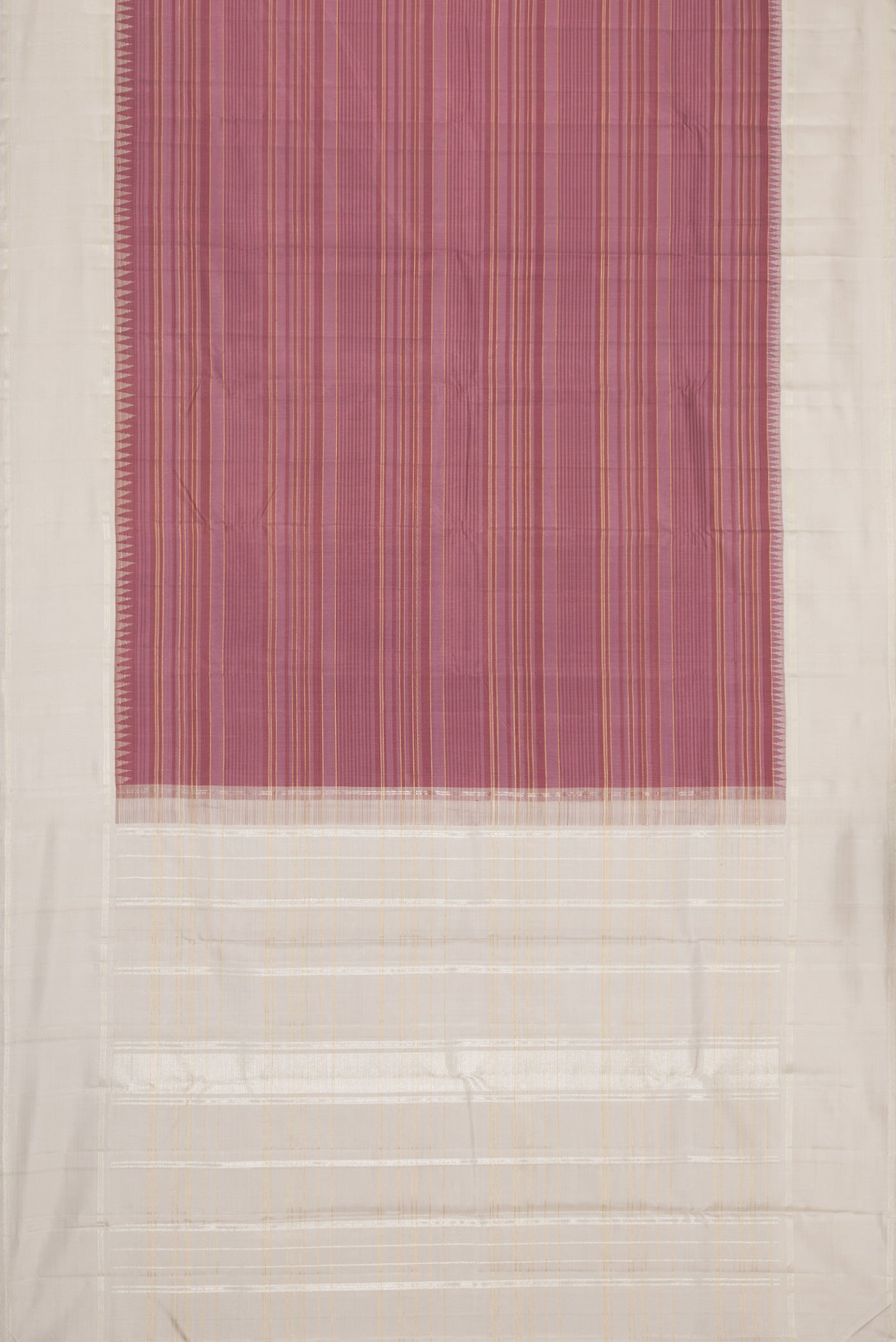 Flat view of Purple Dual Tone Kanjivaram Silk Saree with Stripes on the body and Zari Border. 
