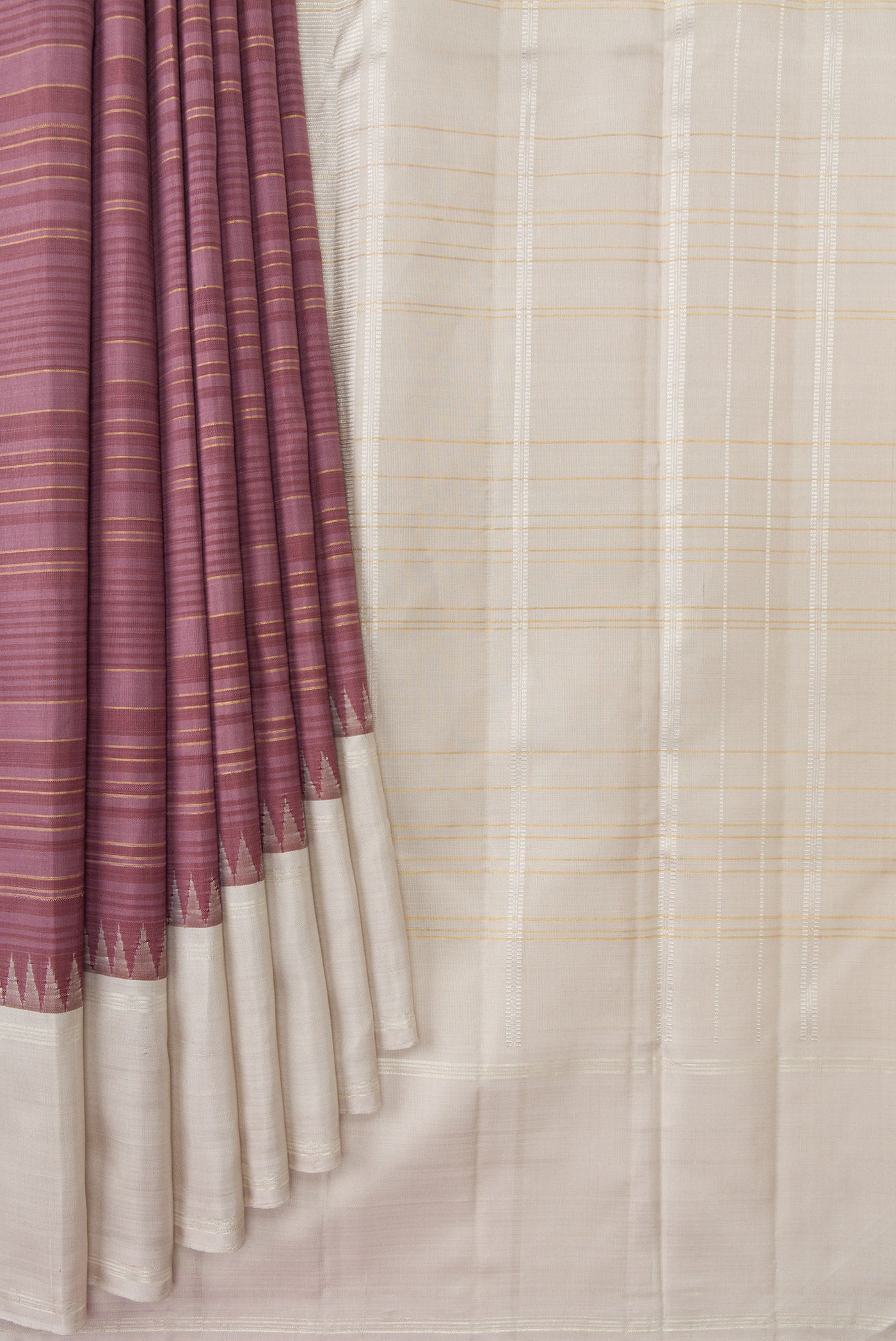 Pleats and pallu of Purple Dual Tone Kanjivaram Silk Saree with Stripes on the body and Zari Border. 