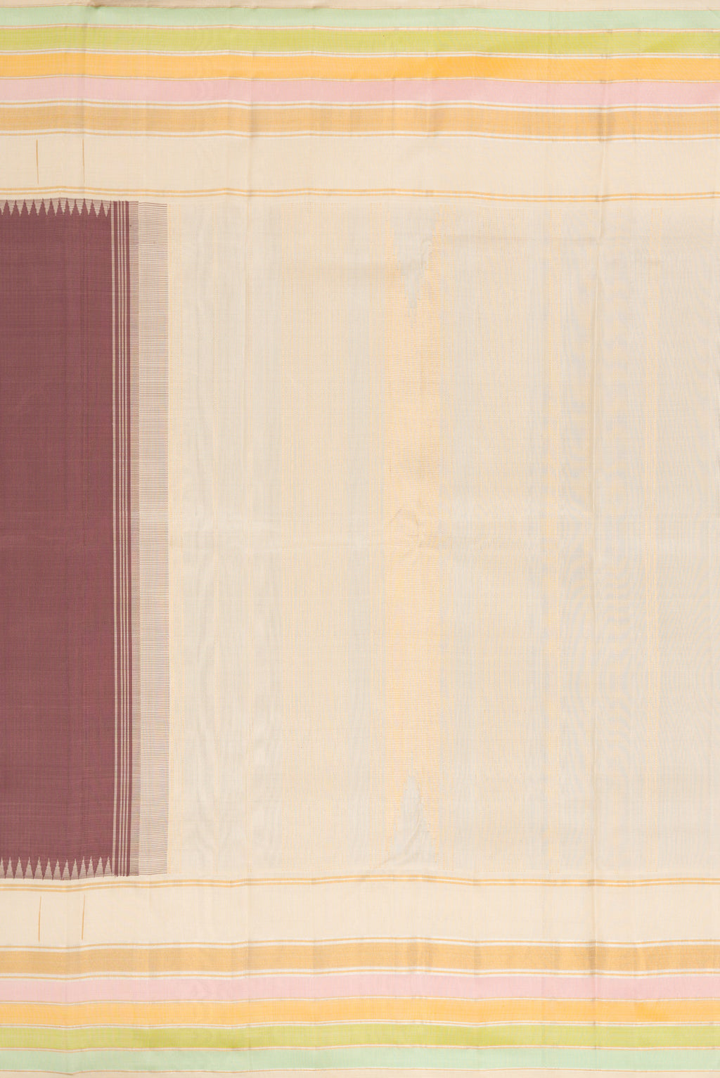 Close up image of the pallu of Bronze Dual Tone Kanjivaram Silk Saree with Plain Body and Zari Border. 