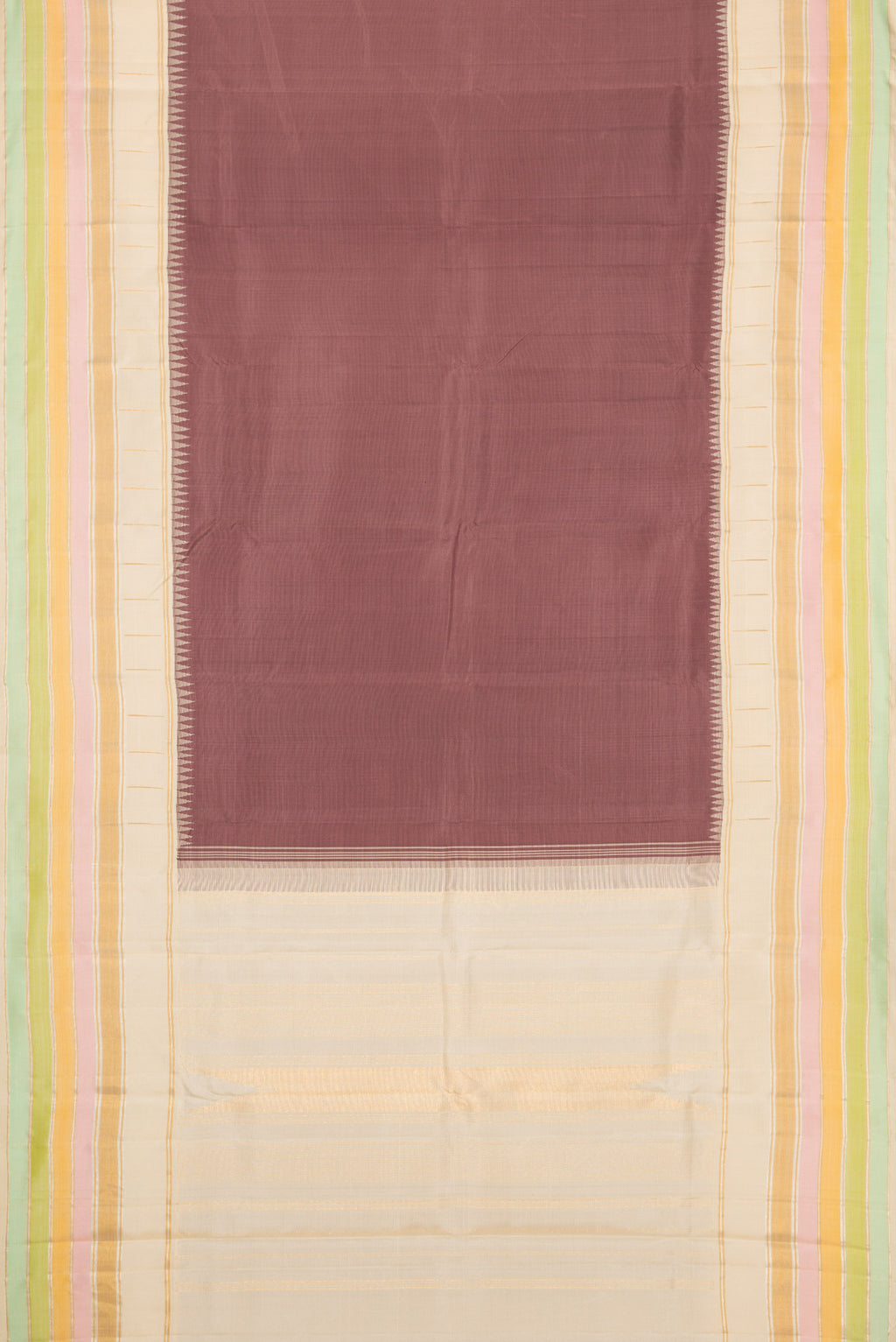 Flat view of Bronze Dual Tone Kanjivaram Silk Saree with Plain Body and Zari Border. 