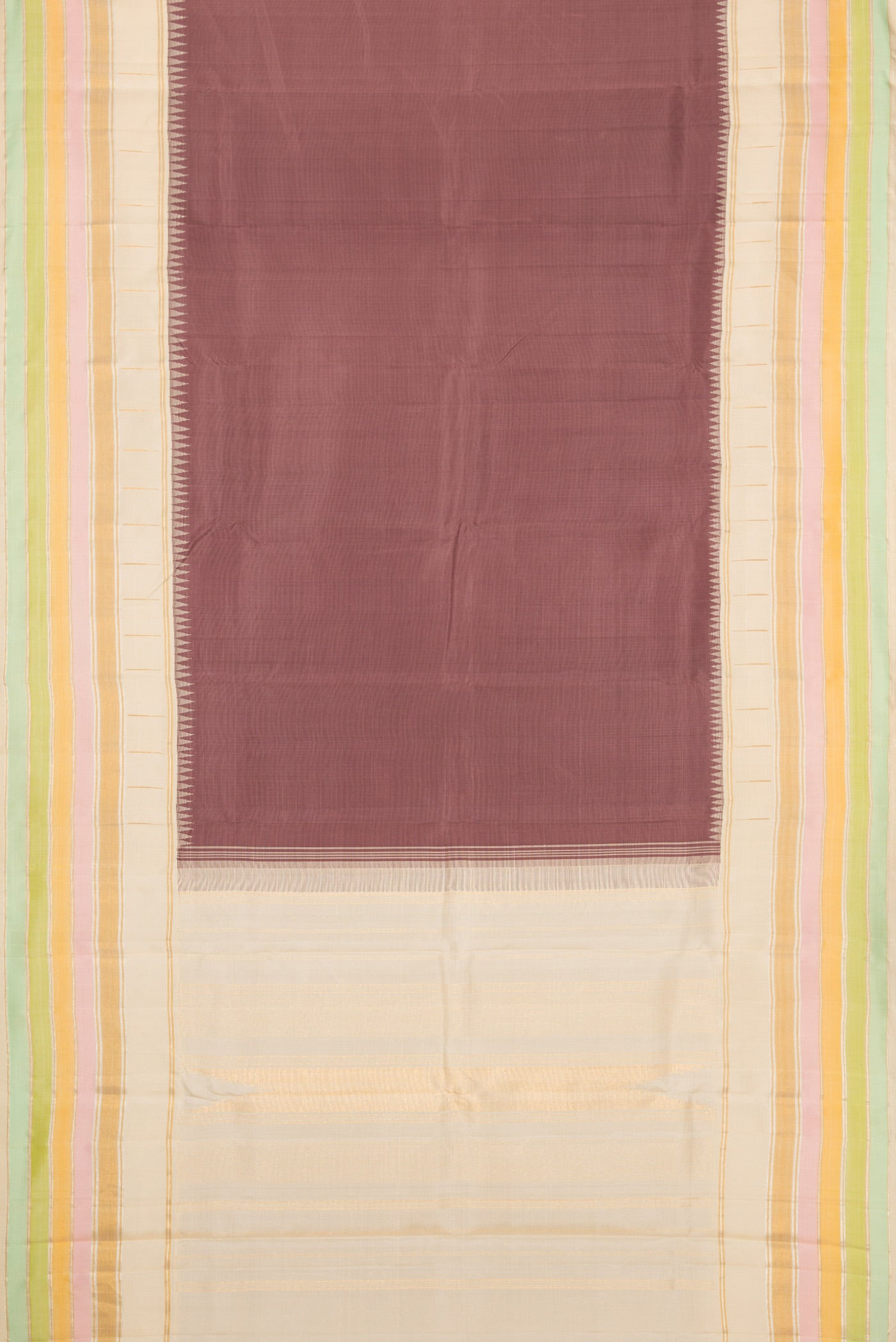 Flat view of Bronze Dual Tone Kanjivaram Silk Saree with Plain Body and Zari Border. 