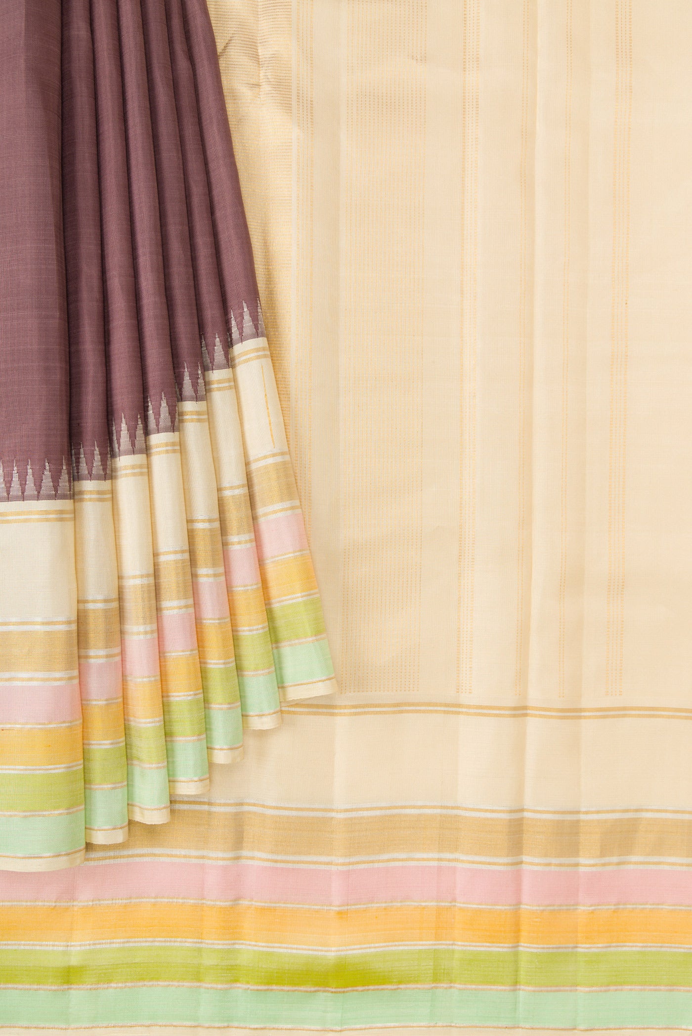 Pleats and pallu of Bronze Dual Tone Kanjivaram Silk Saree with Plain Body and Zari Border. 