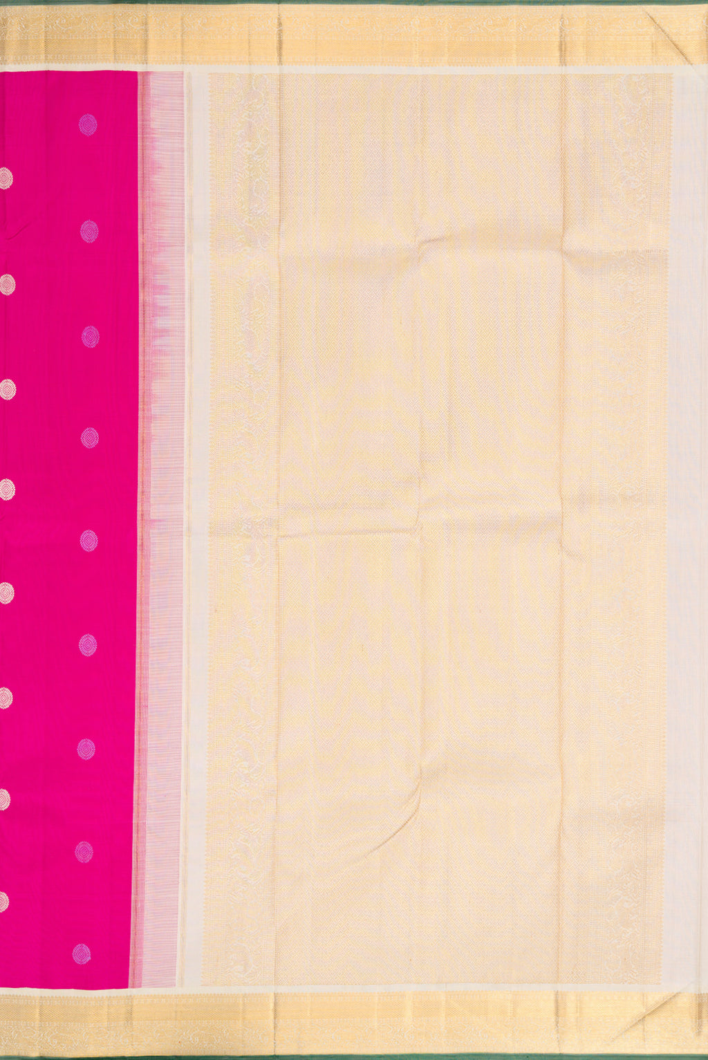 Close up image of the pallu of Pink Dual Tone Kanjivaram Silk Saree with Thread Butta on the body and Zari Border. 