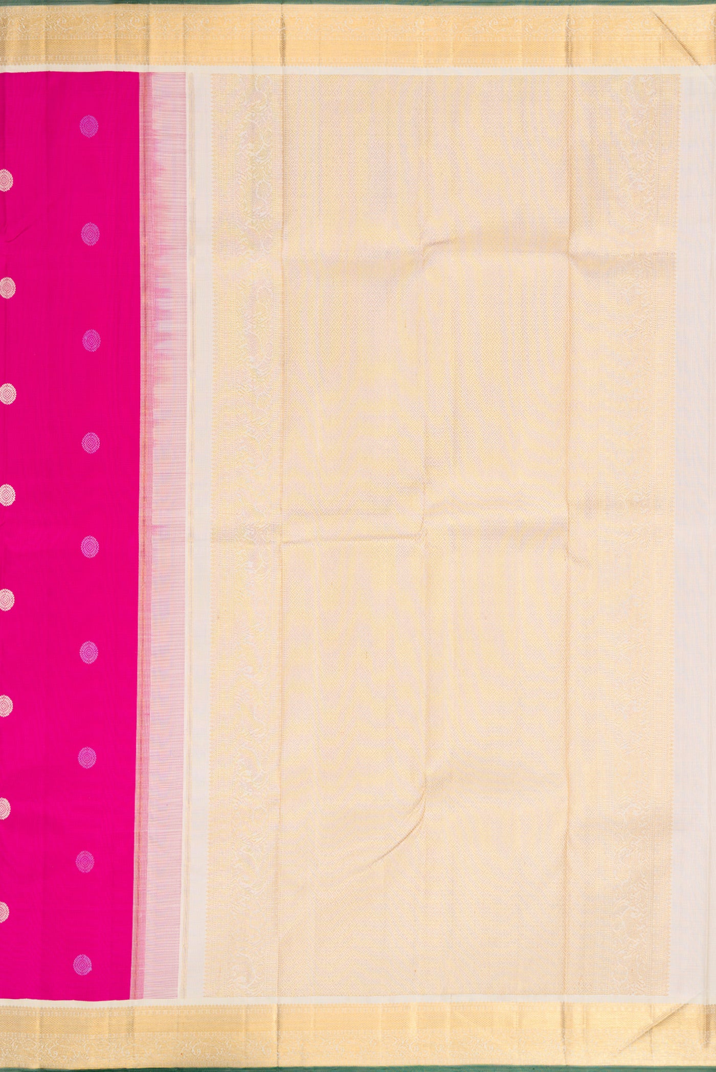 Close up image of the pallu of Pink Dual Tone Kanjivaram Silk Saree with Thread Butta on the body and Zari Border. 