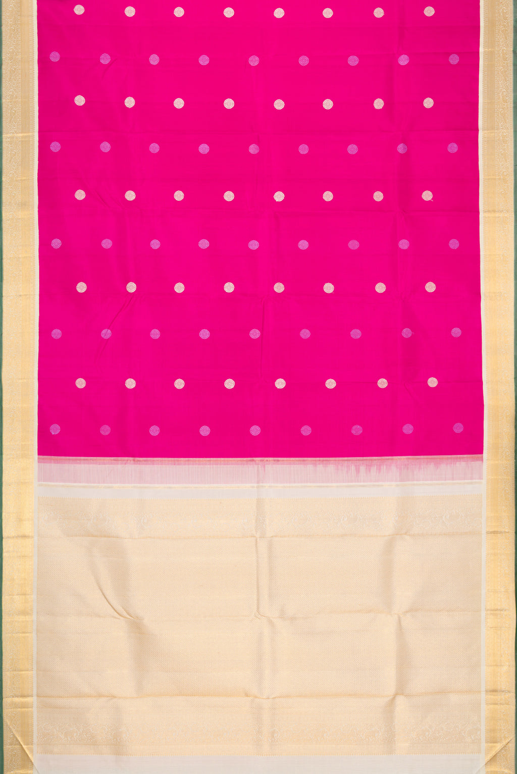 Flat view of Pink Dual Tone Kanjivaram Silk Saree with Thread Butta on the body and Zari Border. 