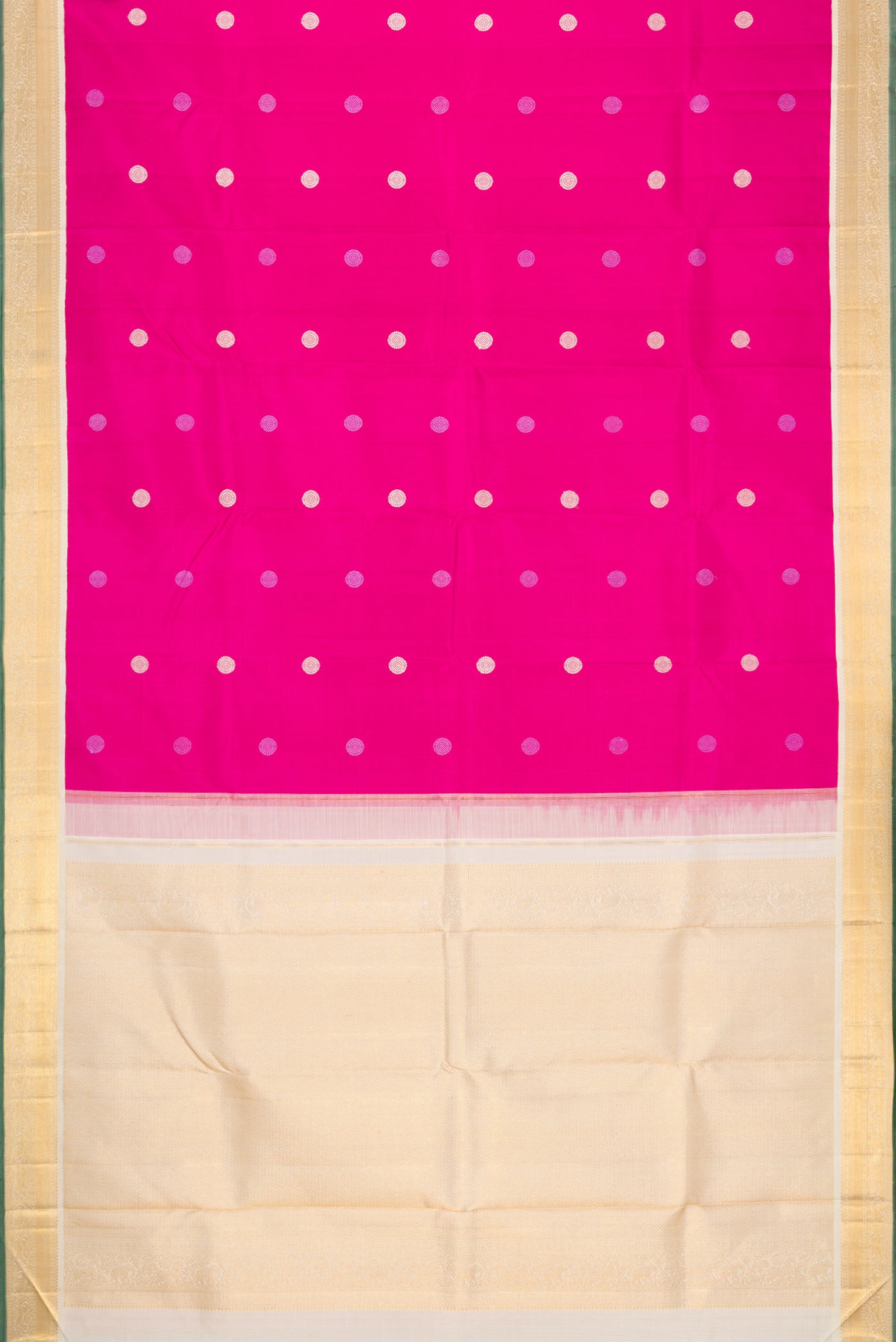 Flat view of Pink Dual Tone Kanjivaram Silk Saree with Thread Butta on the body and Zari Border. 