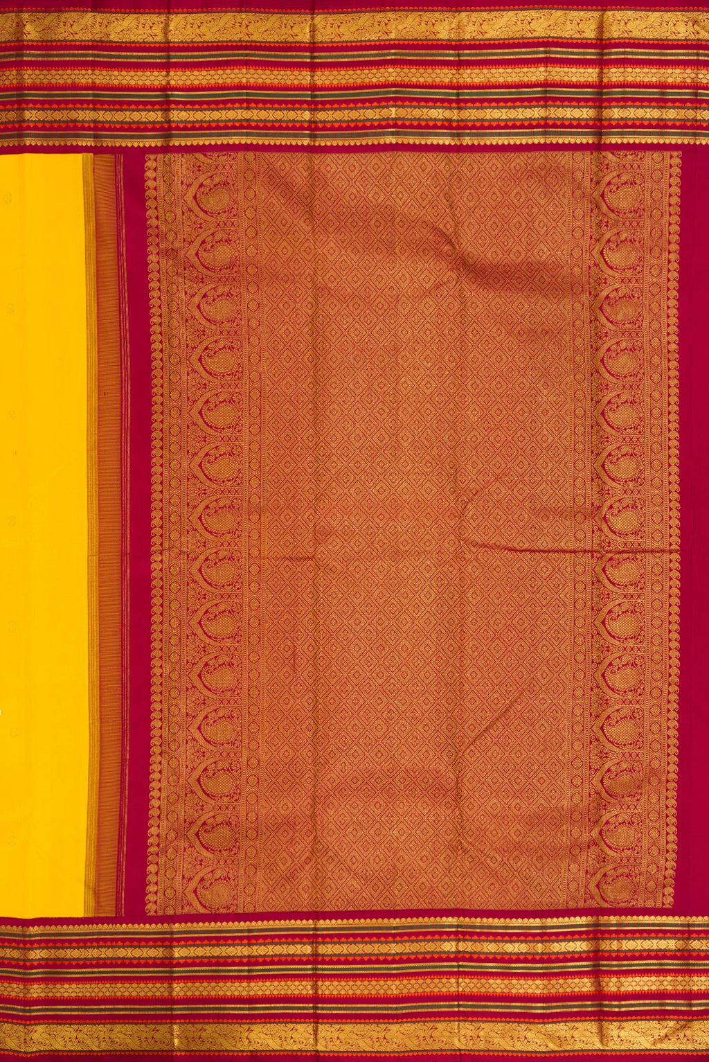 Close up image of the pallu of Pure Silk Pure Zari Yellow Dual Tone Kanjivaram Saree with Zari Butta on the body and Zari Border. 